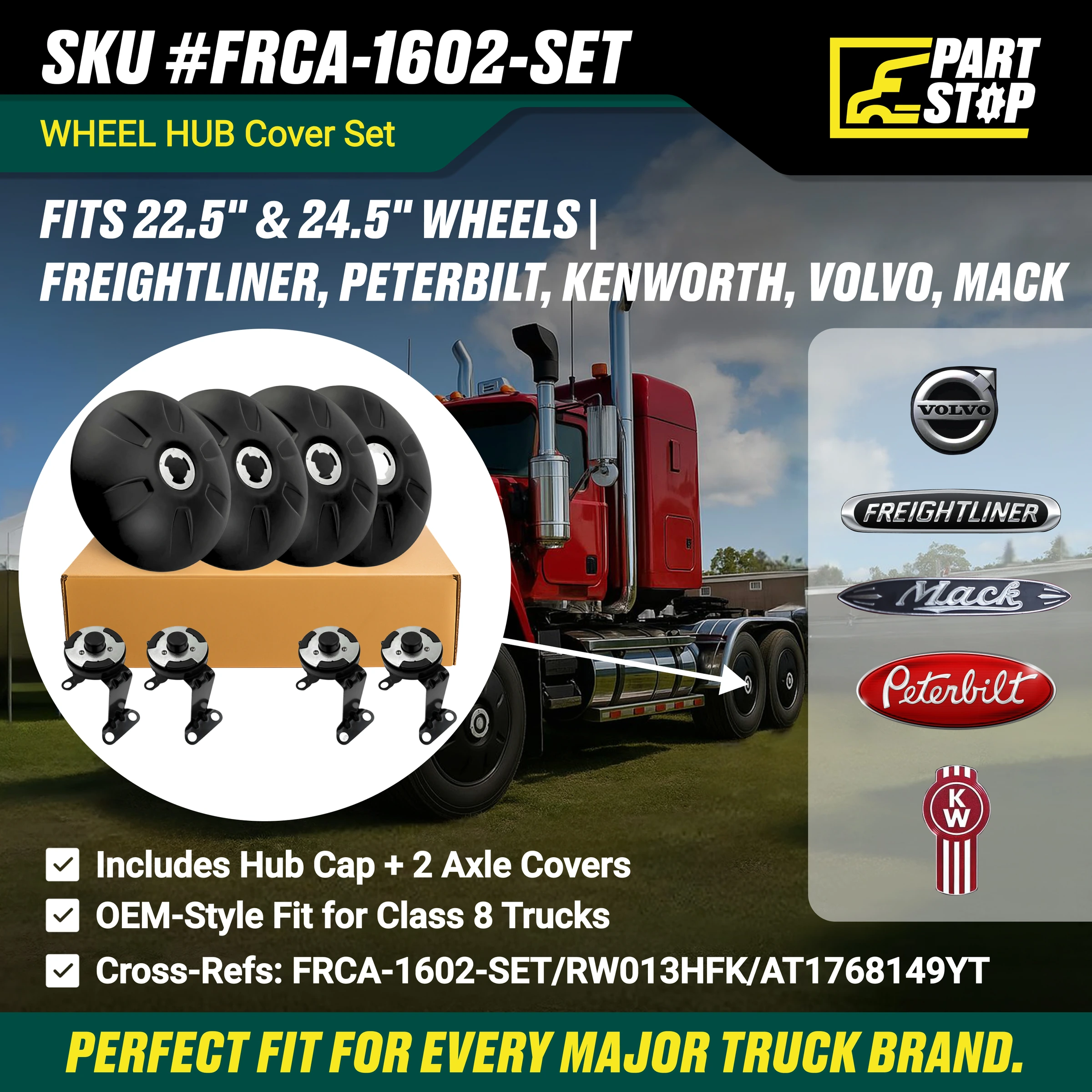 Wheel Hub Cover Set of 4 Fits 22.5", 24.5" Wheels Semi trucks A22-74255-061 — infographic