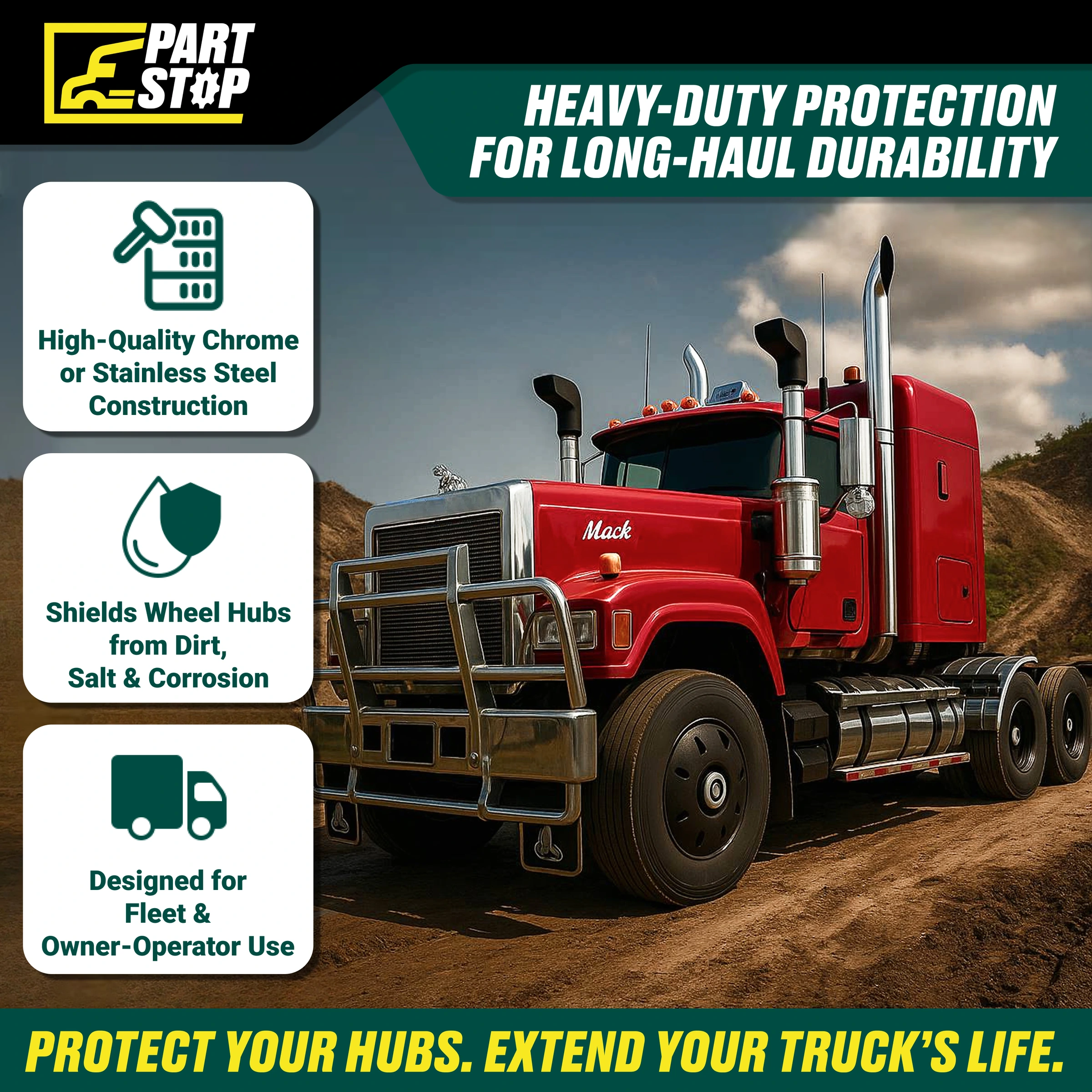 Wheel Hub Cover Set of 4 Fits 22.5", 24.5" Wheels Semi trucks A22-74255-061 — infographic