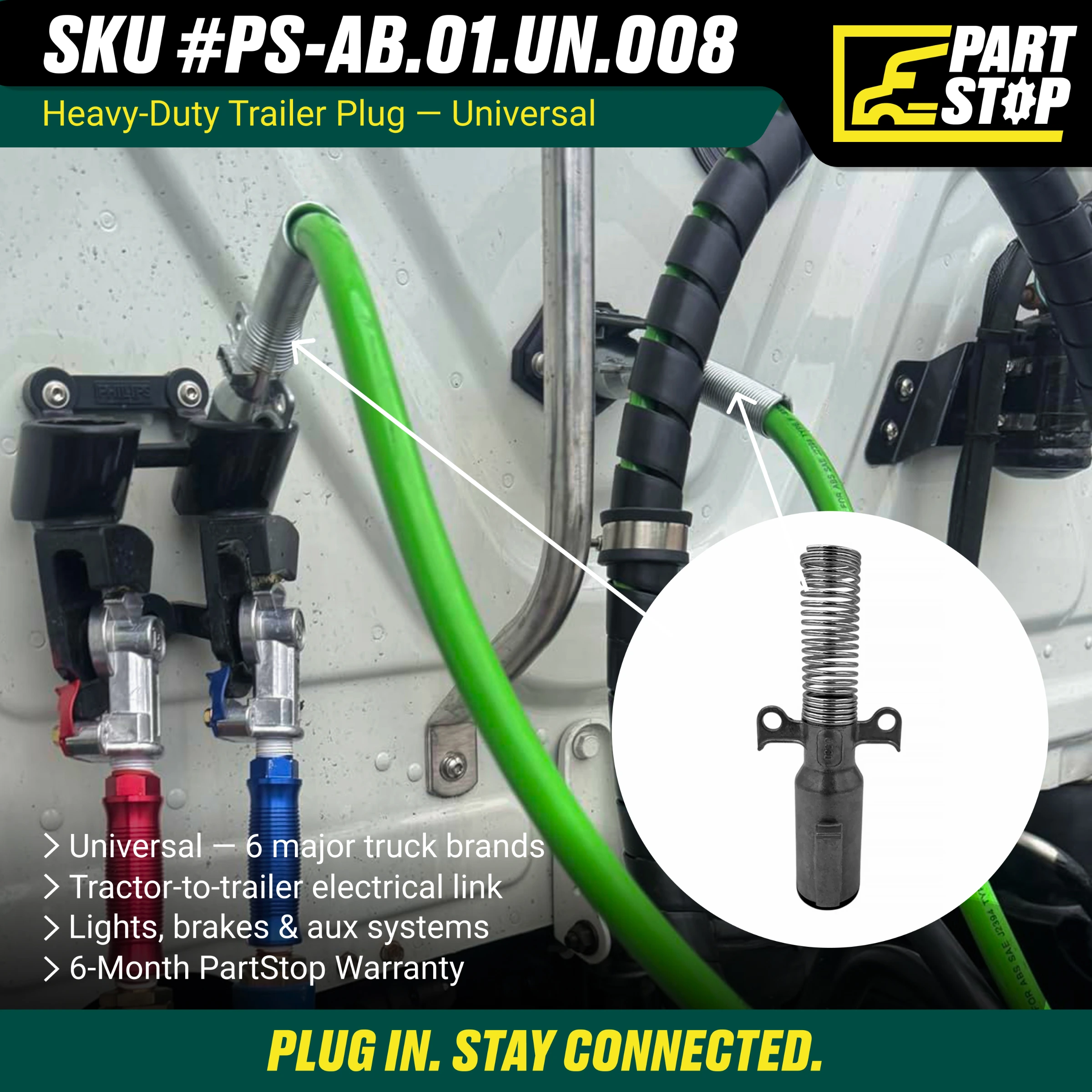 TR0241S115 Trailer Plug Heavy Duty Trucks 15-730 15-730DSP PE27100 670-P7 11-700 — infographic