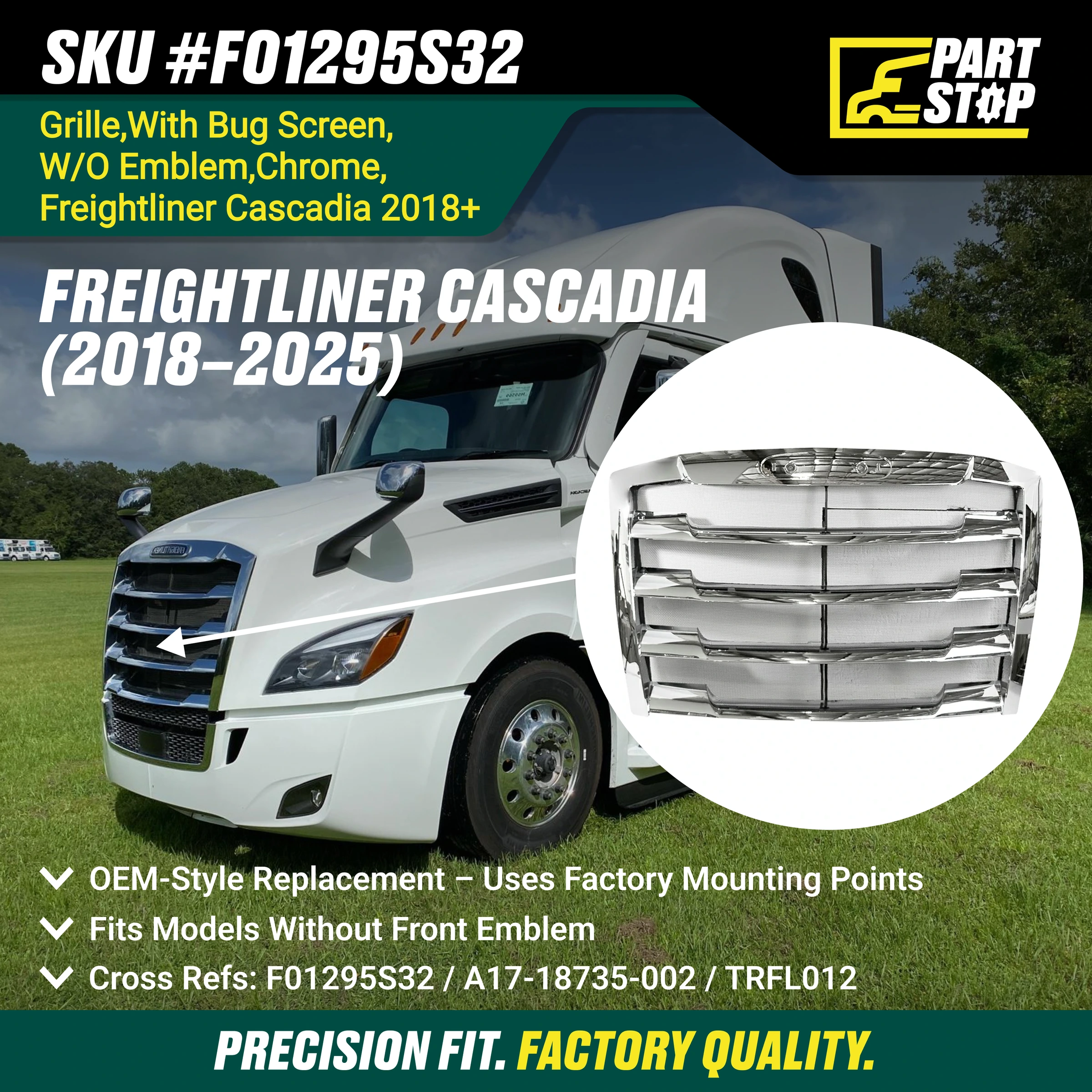 Chrome Front Grille Bug Screen Fits Freightliner Cascadia 2018 - 2024 A1720832013 — infographic