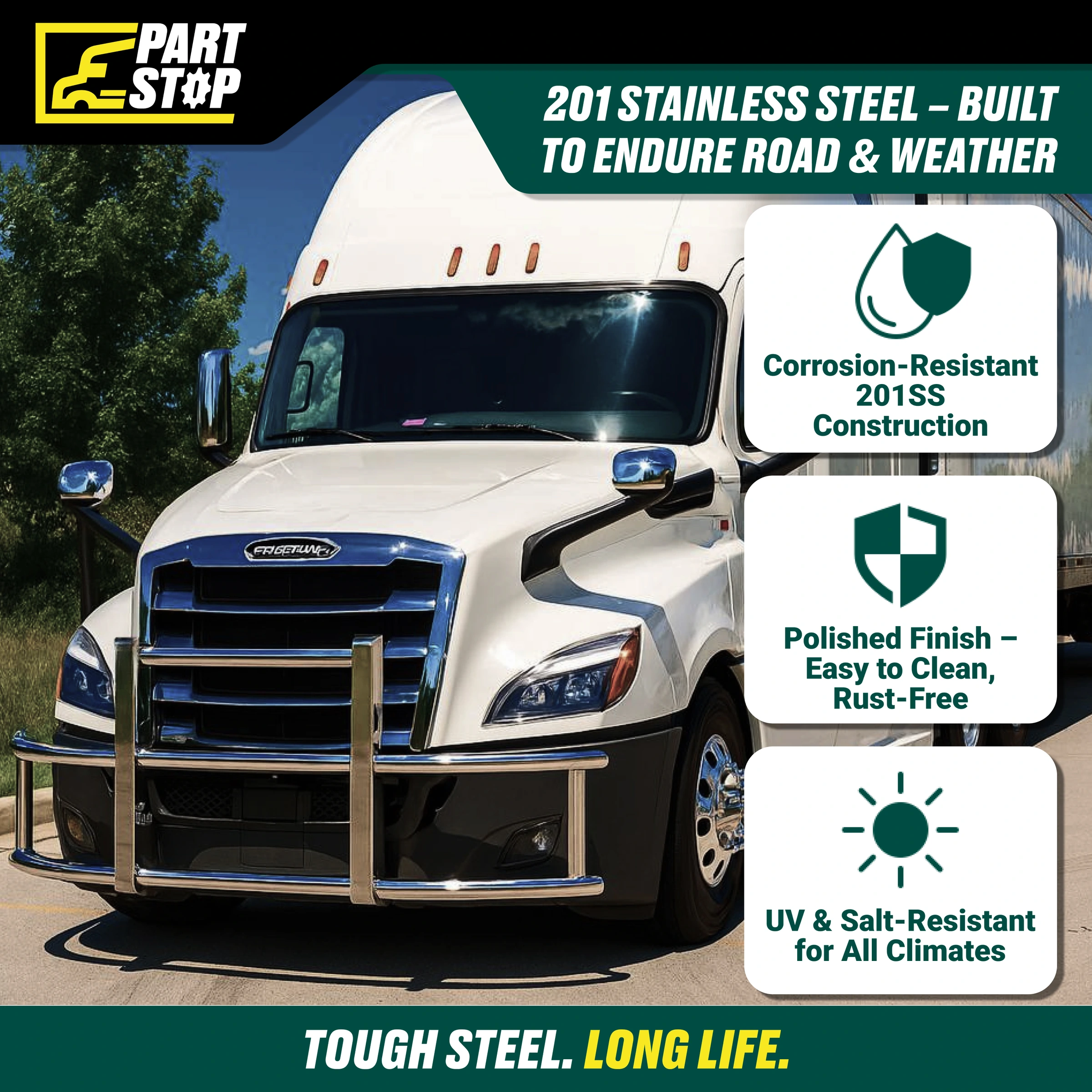 201SS Stainless Steel Deer Guard Fits Freightliner Cascadia 2008-2017 (Old Body Style) — infographic
