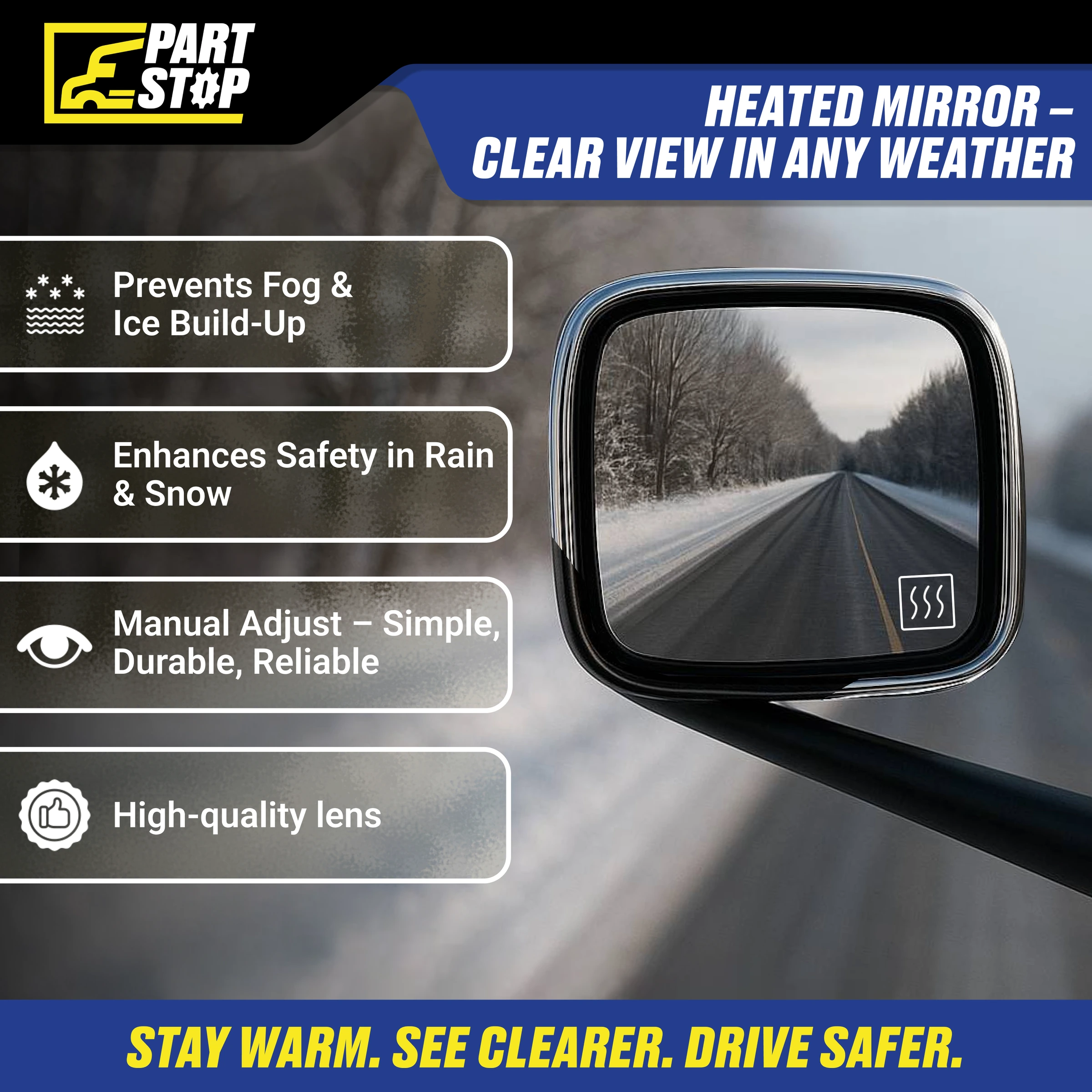 Chrome LH Hood Mirror for Freightliner Cascadia With Heating A2275354000 — infographic