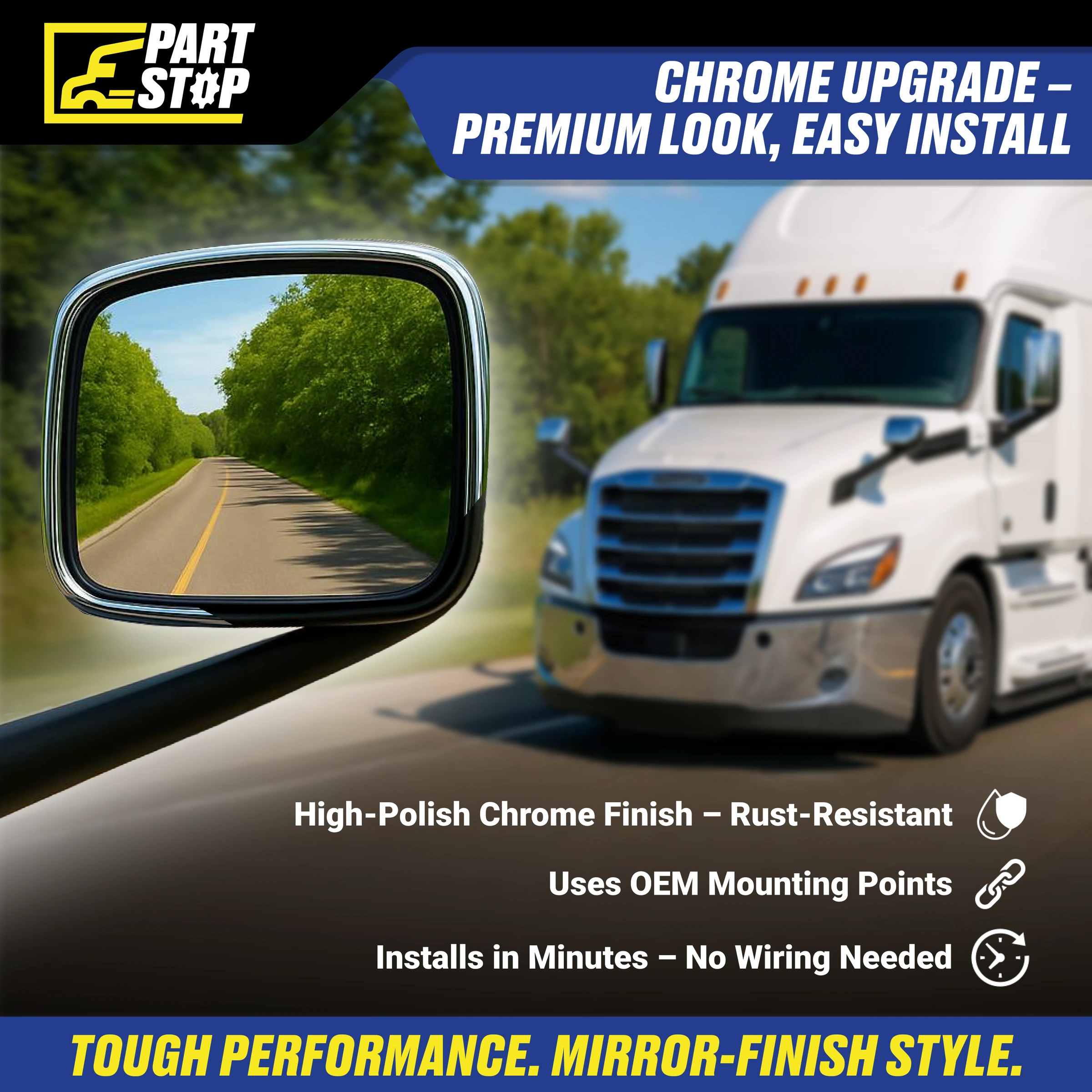 Chrome LH Hood Mirror for Freightliner Cascadia With Heating A2275354000 — infographic