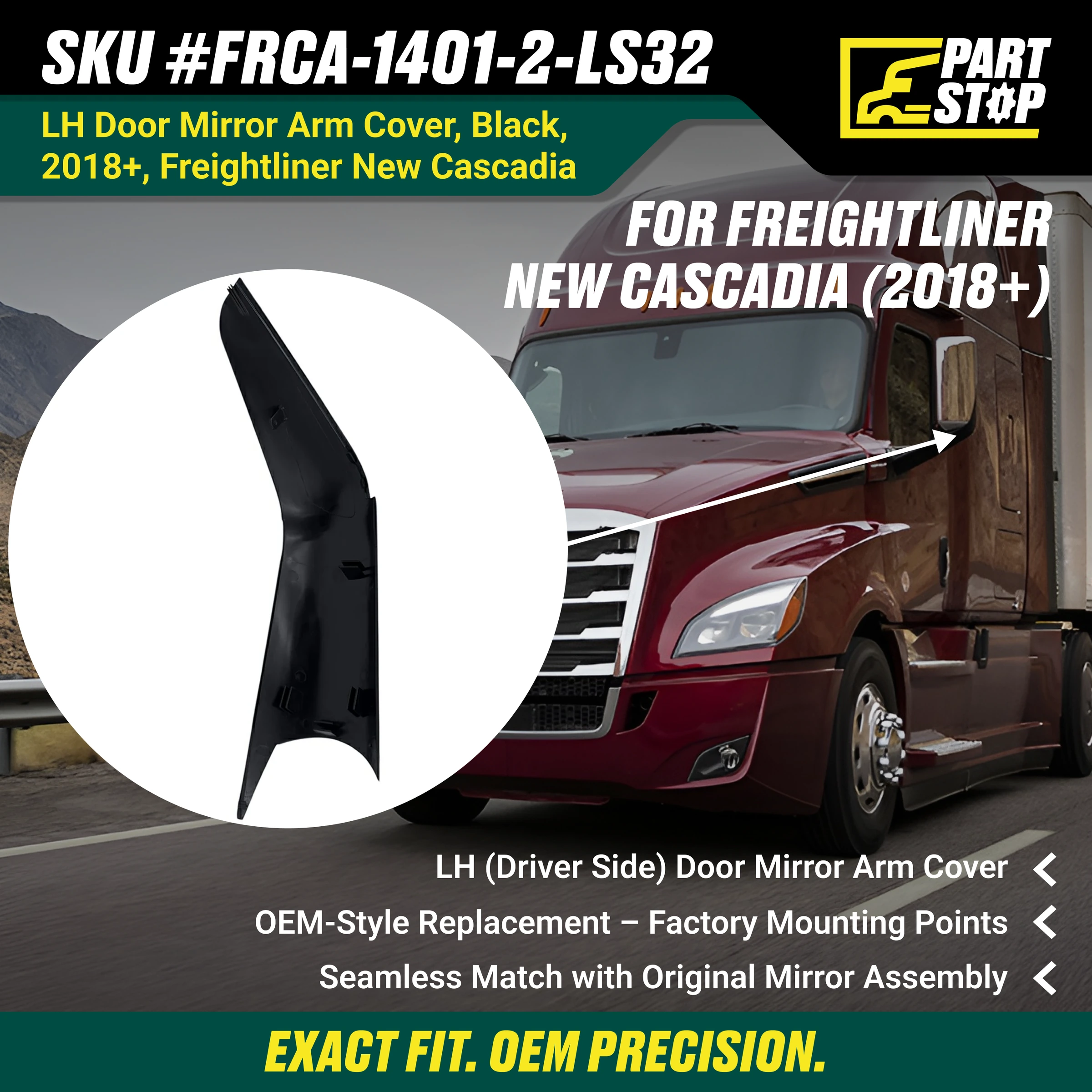 LH Mirror Arm Cover Driver Side Fits Freightliner 22-78606-517 — infographic