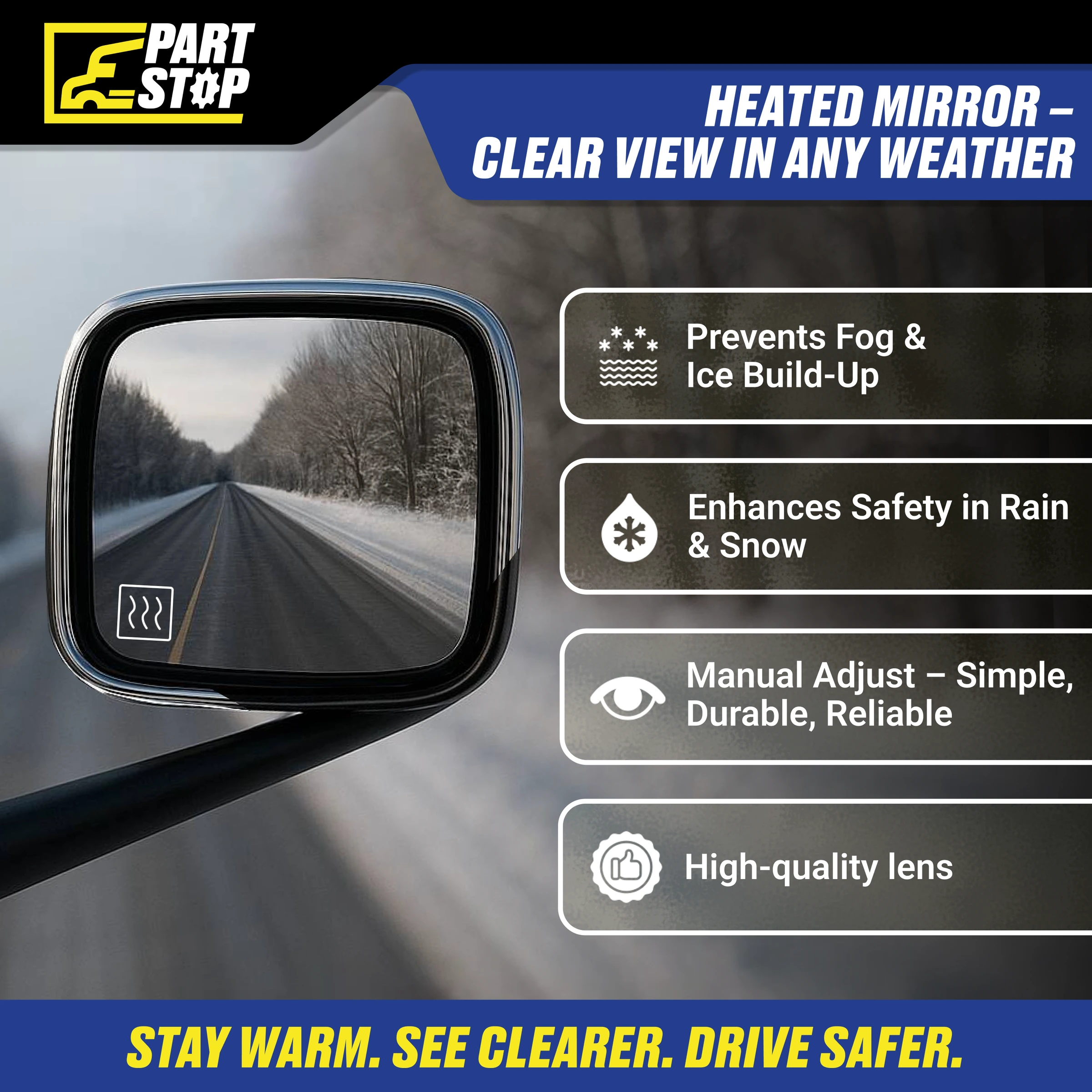 RH Heated Chrome Hood Mirror Assembly Fits Freightliner Cascadia — infographic