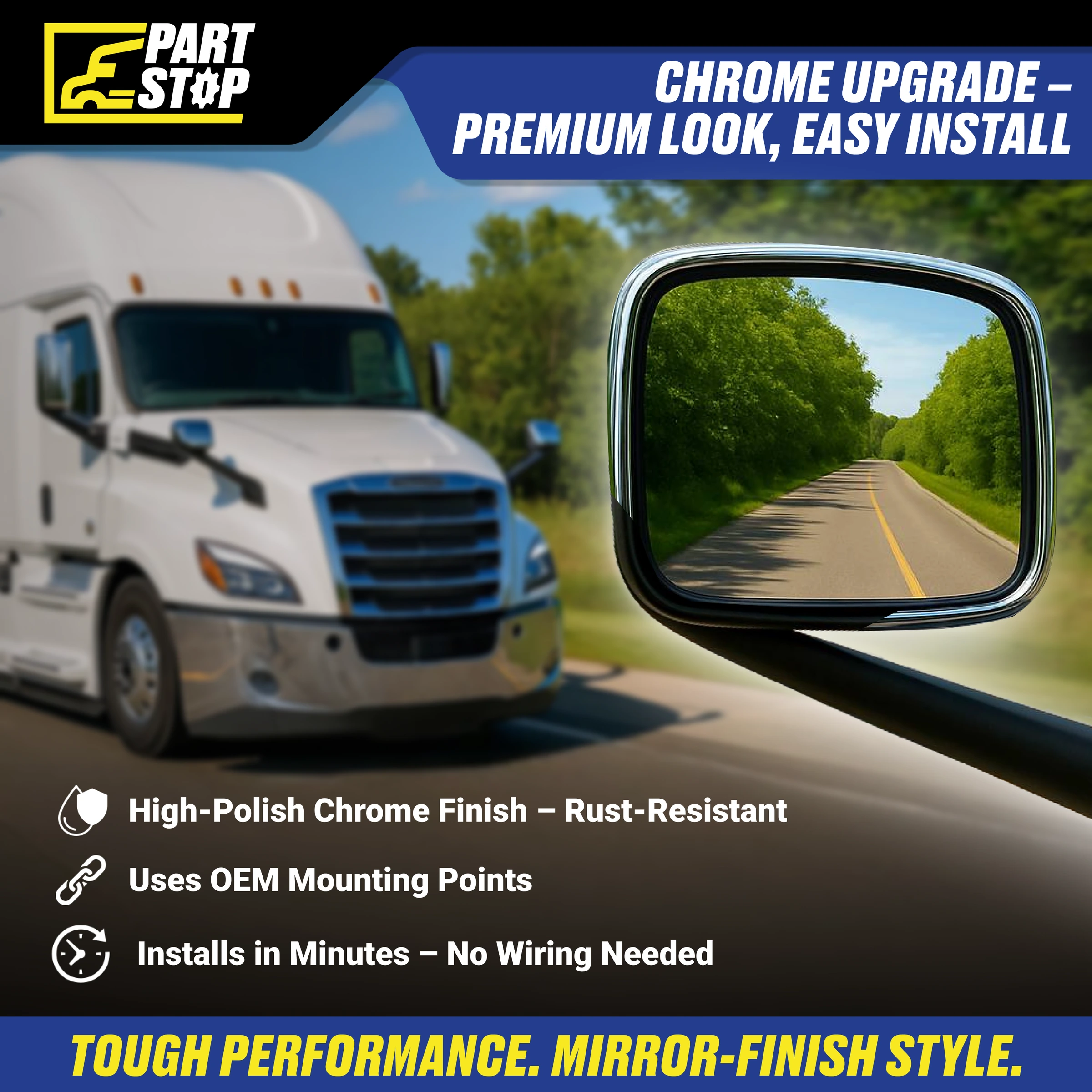 RH Heated Chrome Hood Mirror Assembly Fits Freightliner Cascadia — infographic