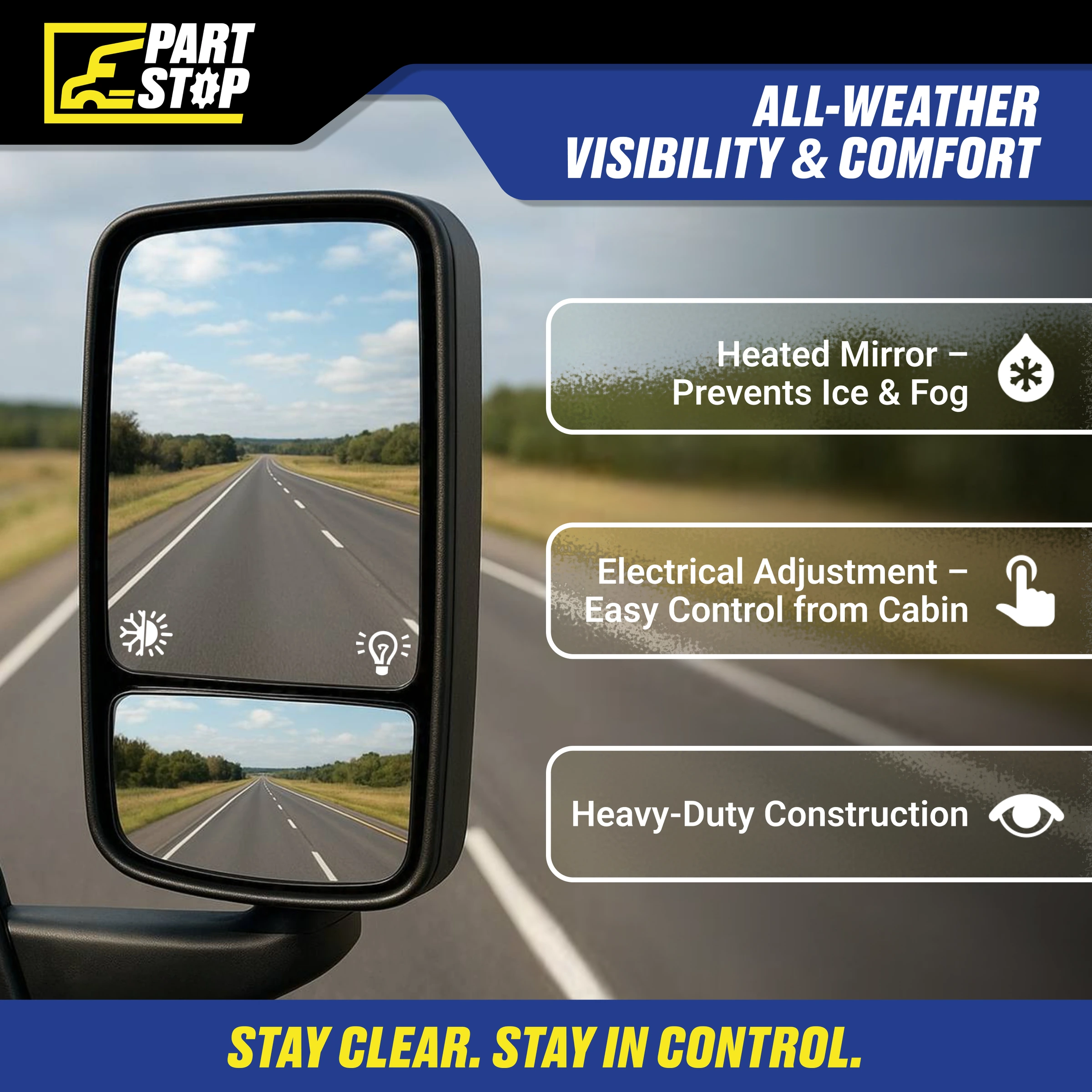 A22-73907-005 Heated Power Mirror Assembly Fits Freightliner Cascadia 2018-2024 — infographic