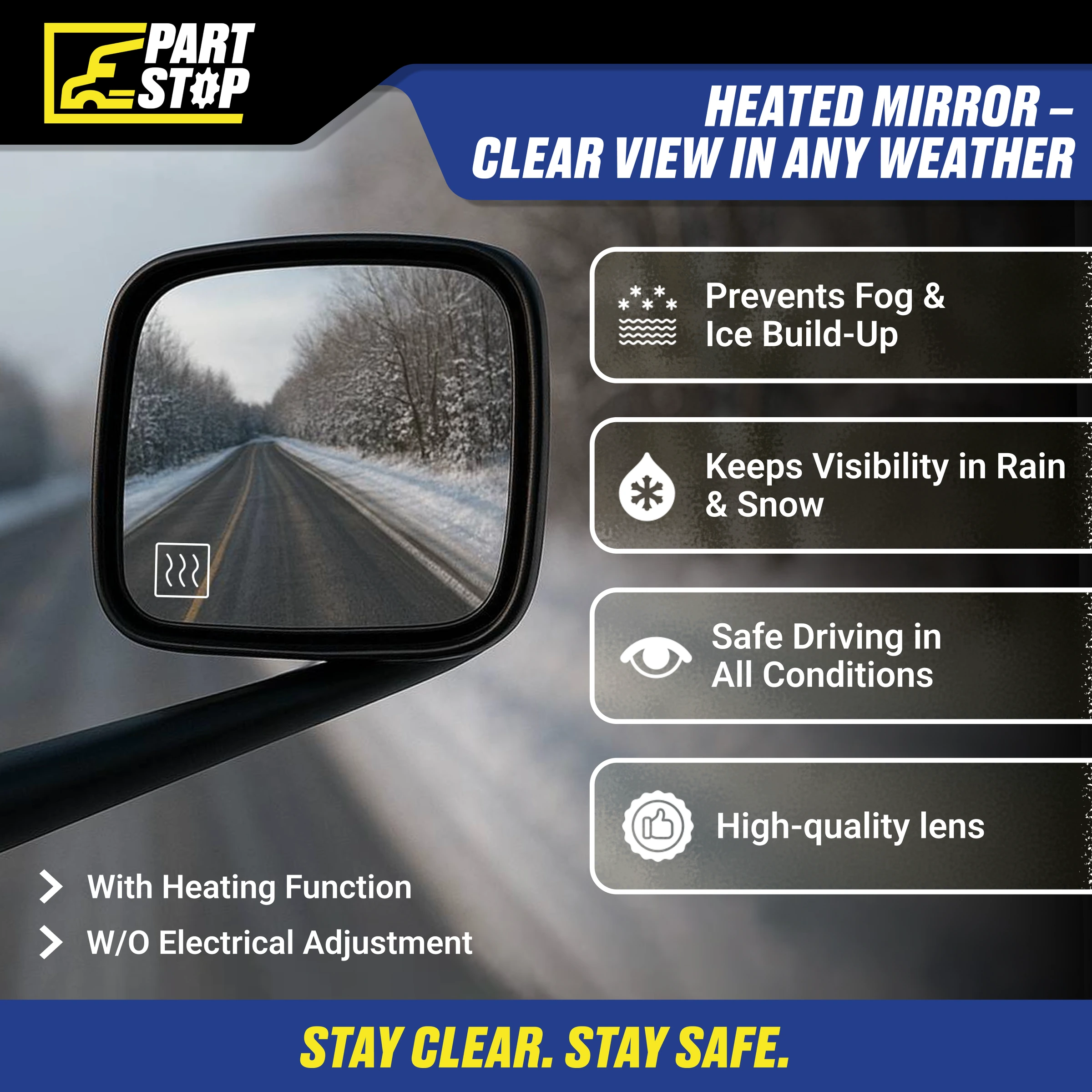 Hood Mirror RH Side Heated Fits Freightliner 2018+ A2275354001 ,A227390200 — infographic