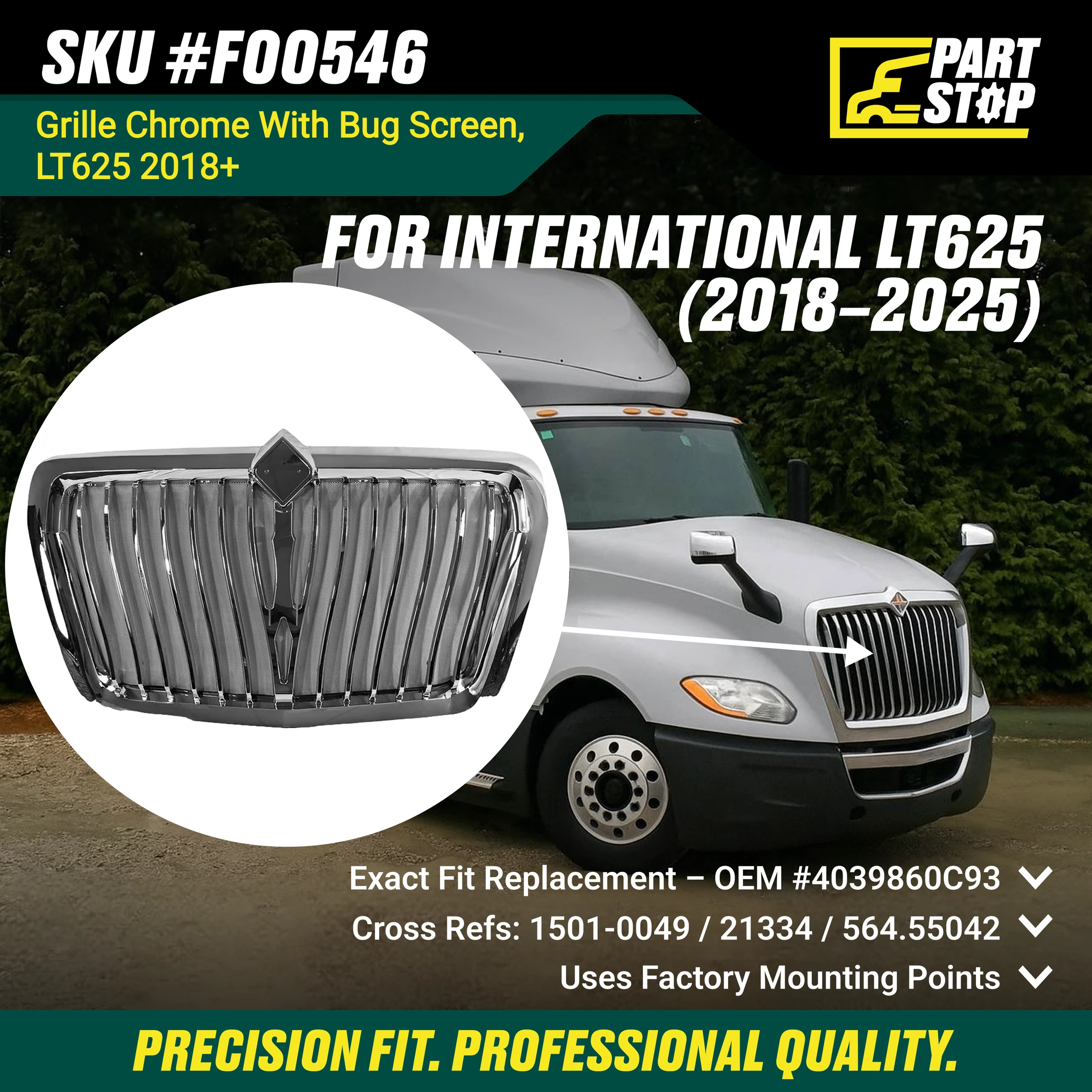 4039860C93 Chrome Front Grille Fits International LT625 2018+ — infographic