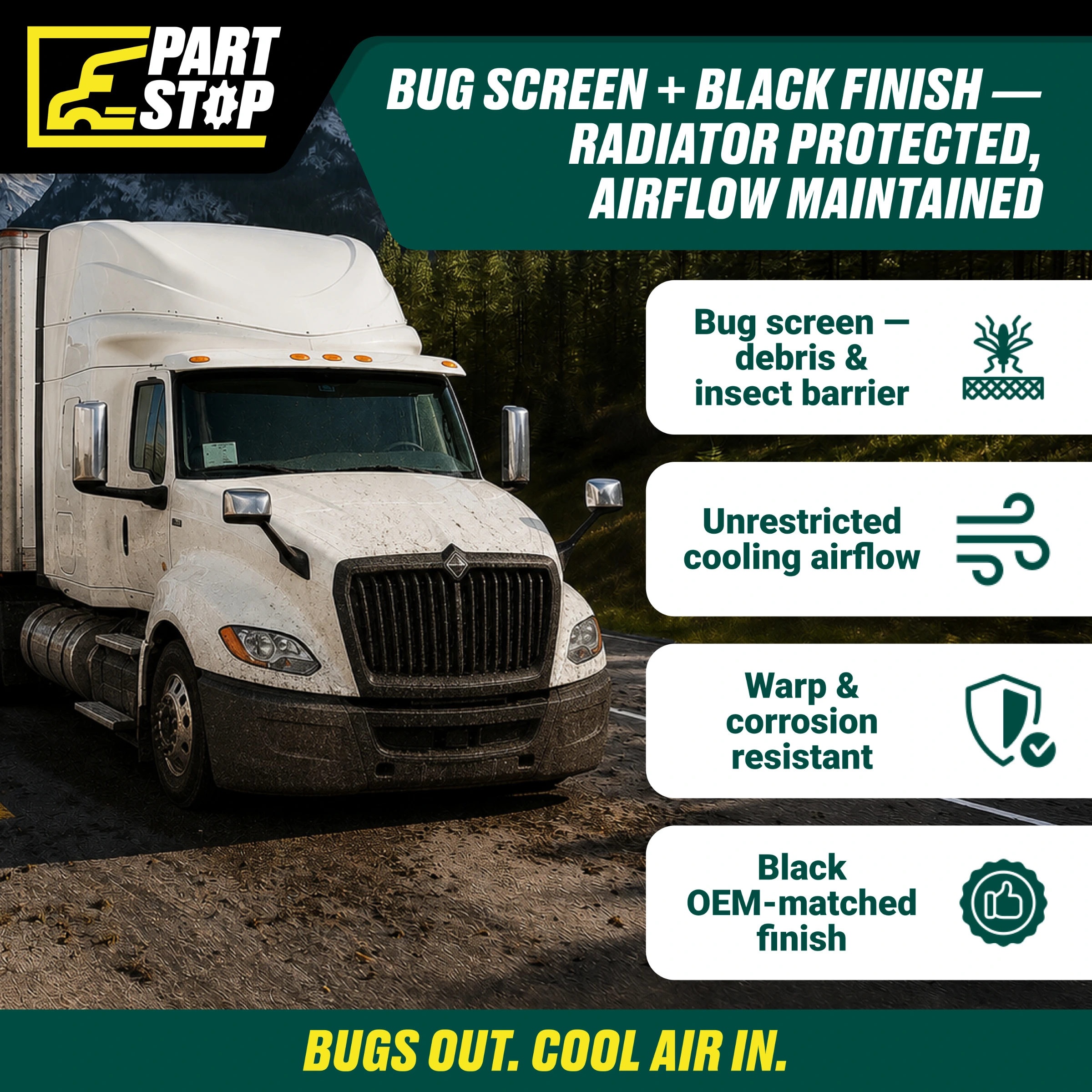 4059083C93 Black Front Grille with Bug Screen Fits International LT 2020-2023 — infographic 2