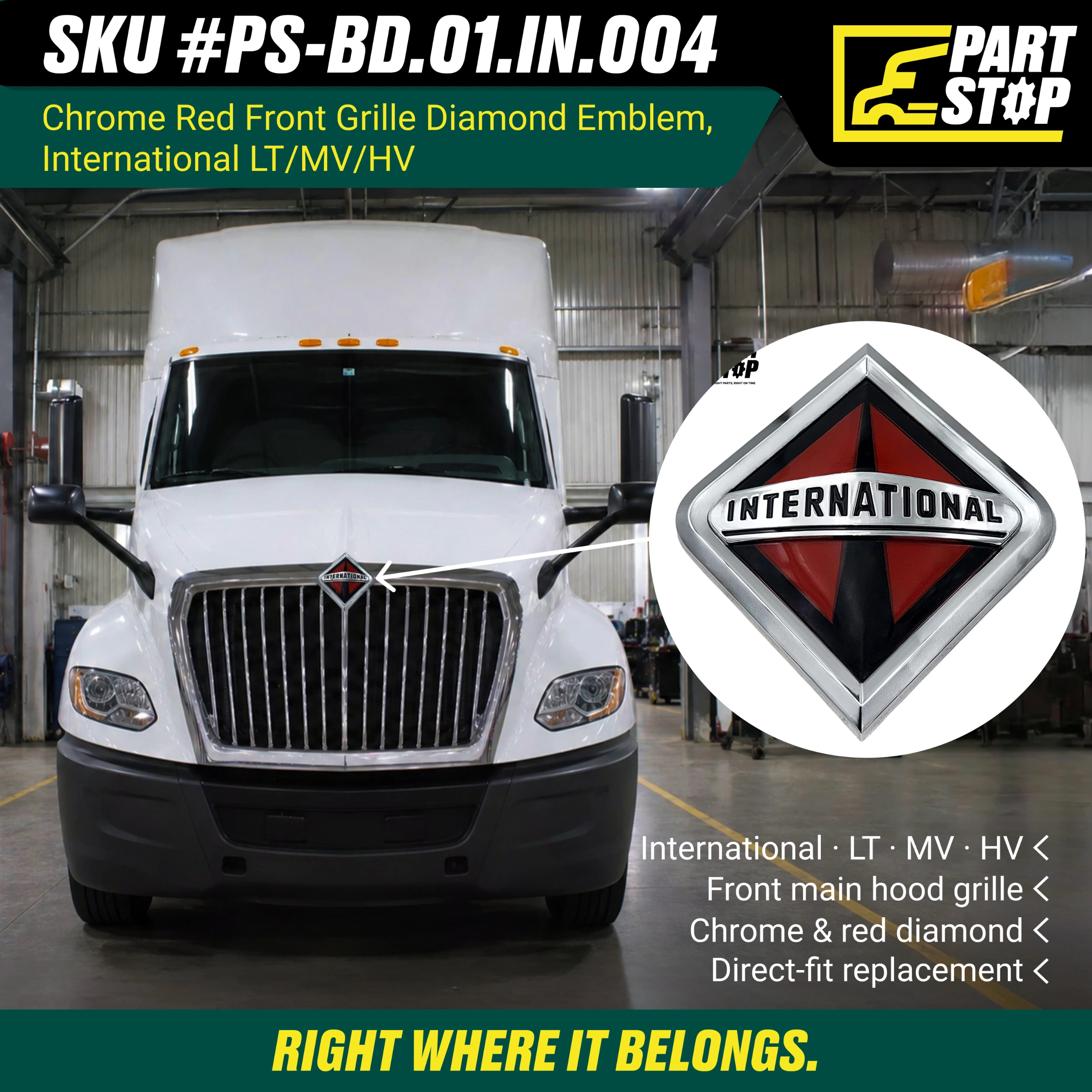 International Diamond Emblem Grill Logo Chrome Red LT MV HV , INN-002 — infographic