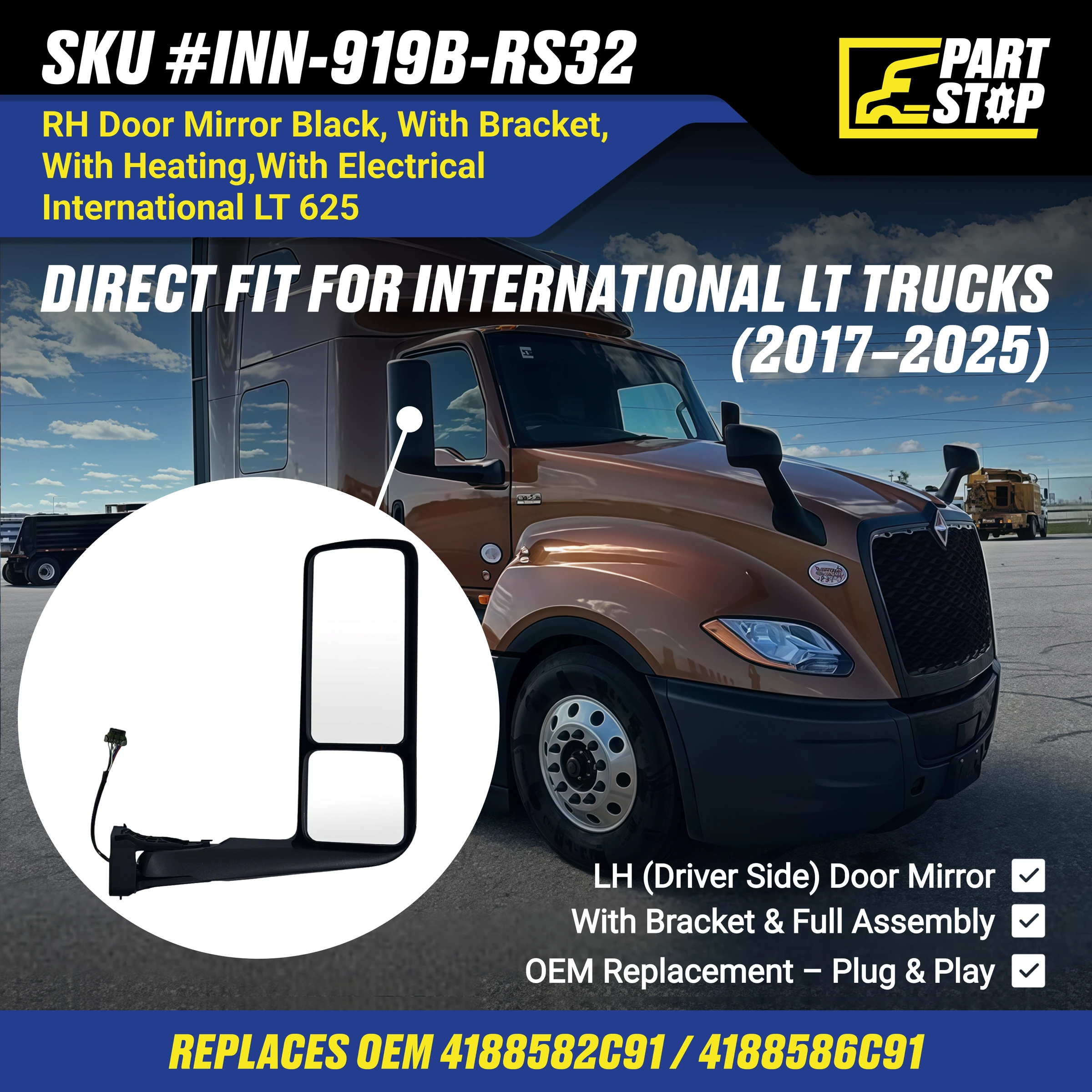 Heated Power Mirror Passenger Side Fits International LT 2018-2024 4188583C91 — infographic