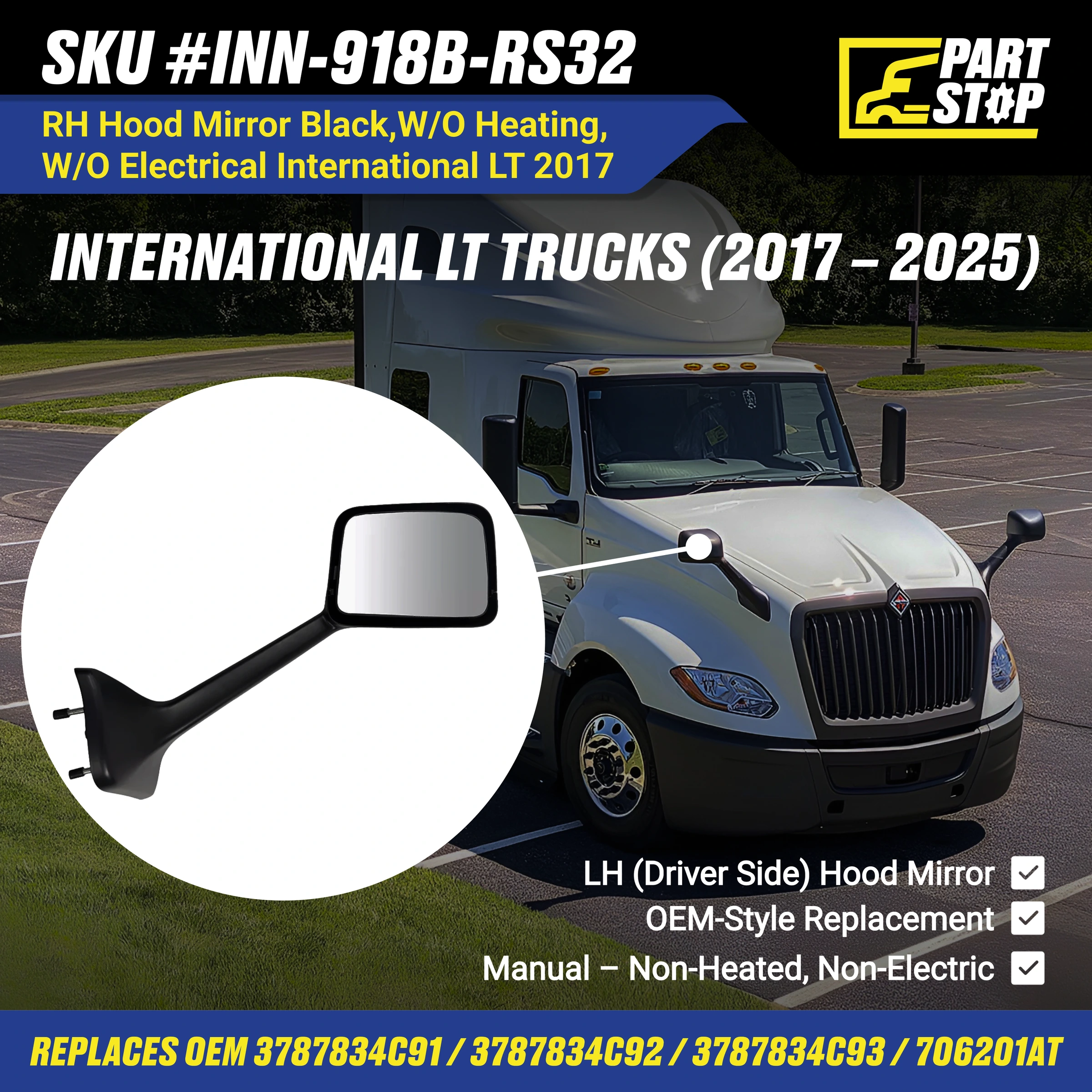 3787839C92 RH Hood Mirror Passanger Side Fits International LT — infographic