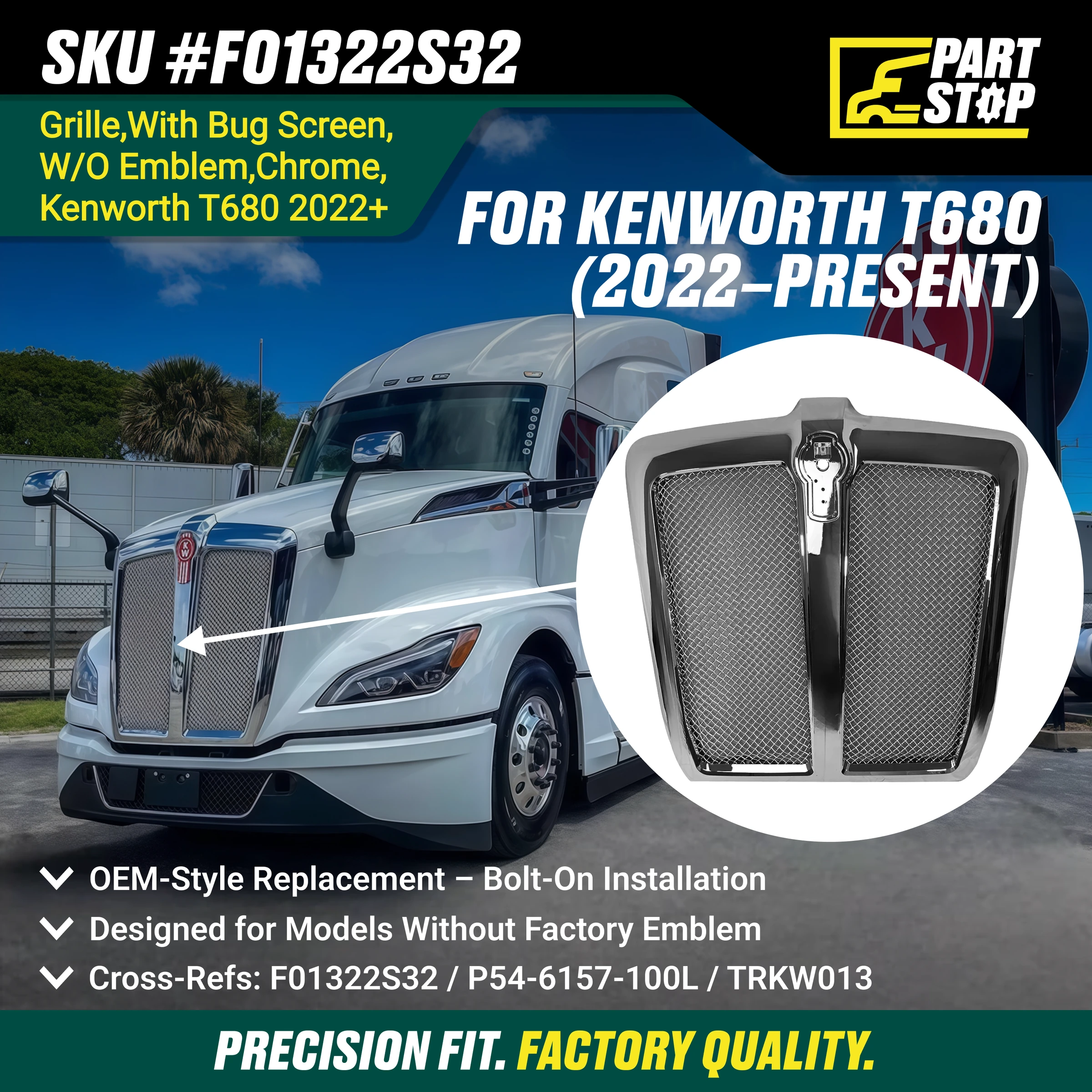 Chrome Grille with Bug Screen for Kenworth T680 (2022-2026) AMS3096 , L29‑6155‑100 — infographic