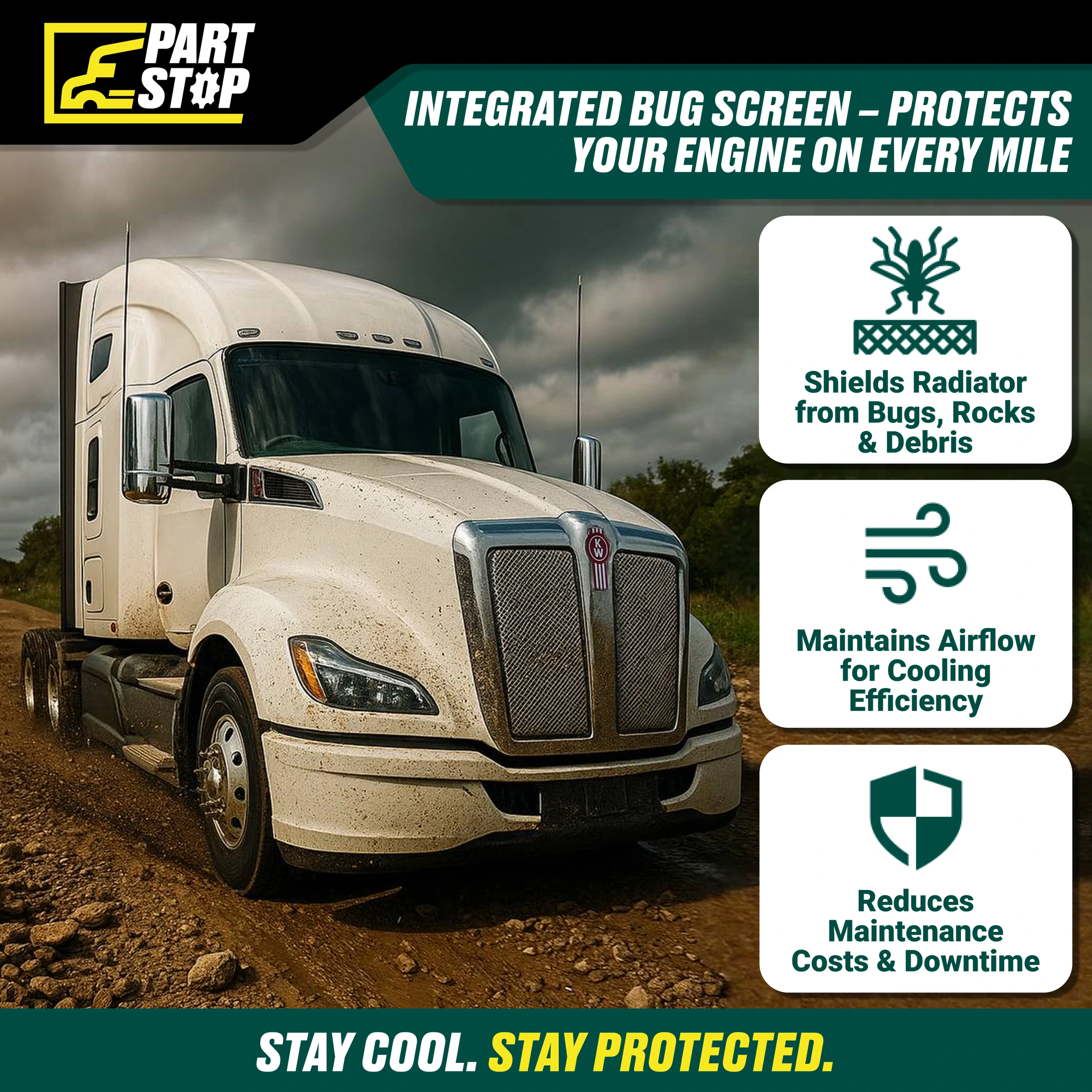 Chrome Grille with Bug Screen for Kenworth T680 (2022-2026) AMS3096 , L29‑6155‑100 — infographic