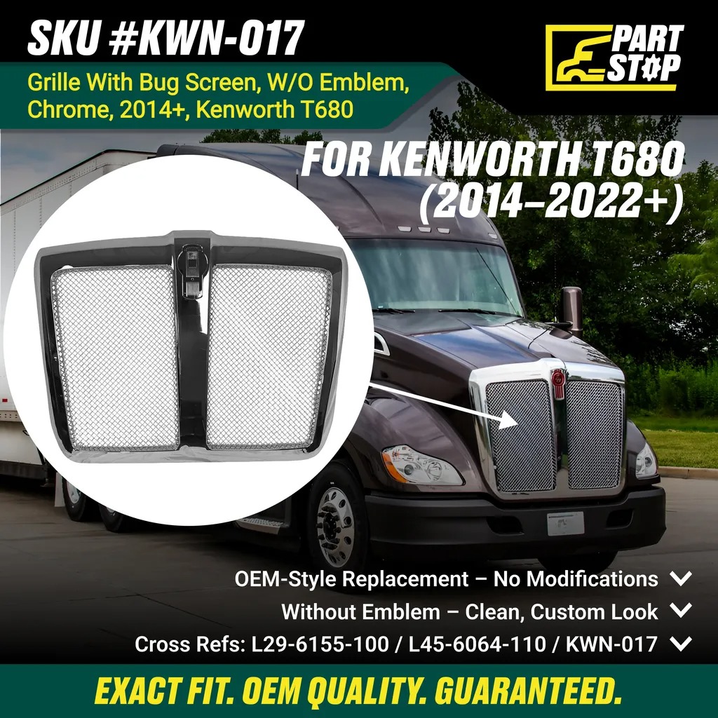 Chrome Grille+ Bug Screen –fit Kenworth T680 2015-2022 L296155100 No Emblem Aftermarket — infographic