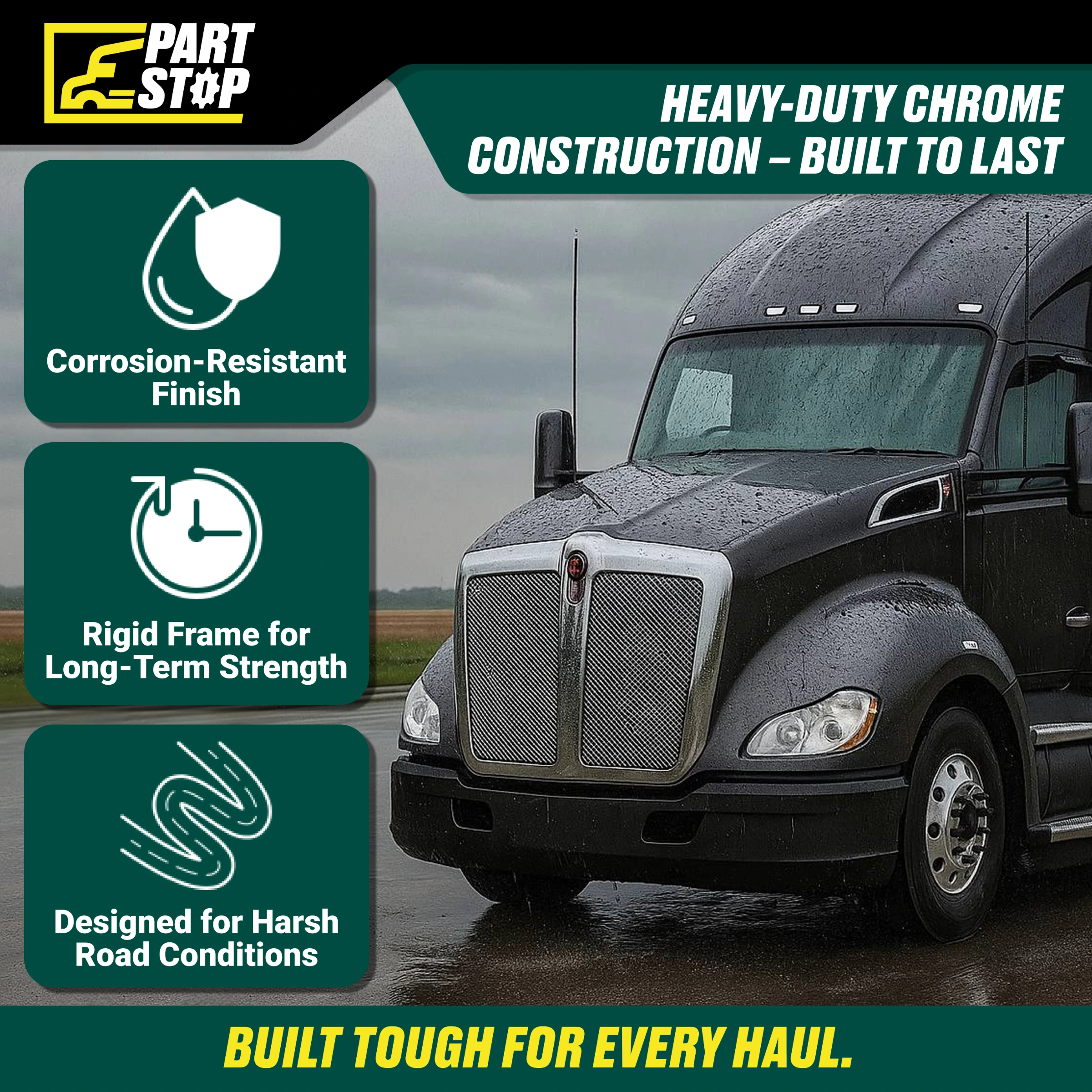 Aftermarket Chrome Front Grille W/O Bug Screen Fits Kenworth T680 2014-2023 L29-6155-100 — infographic