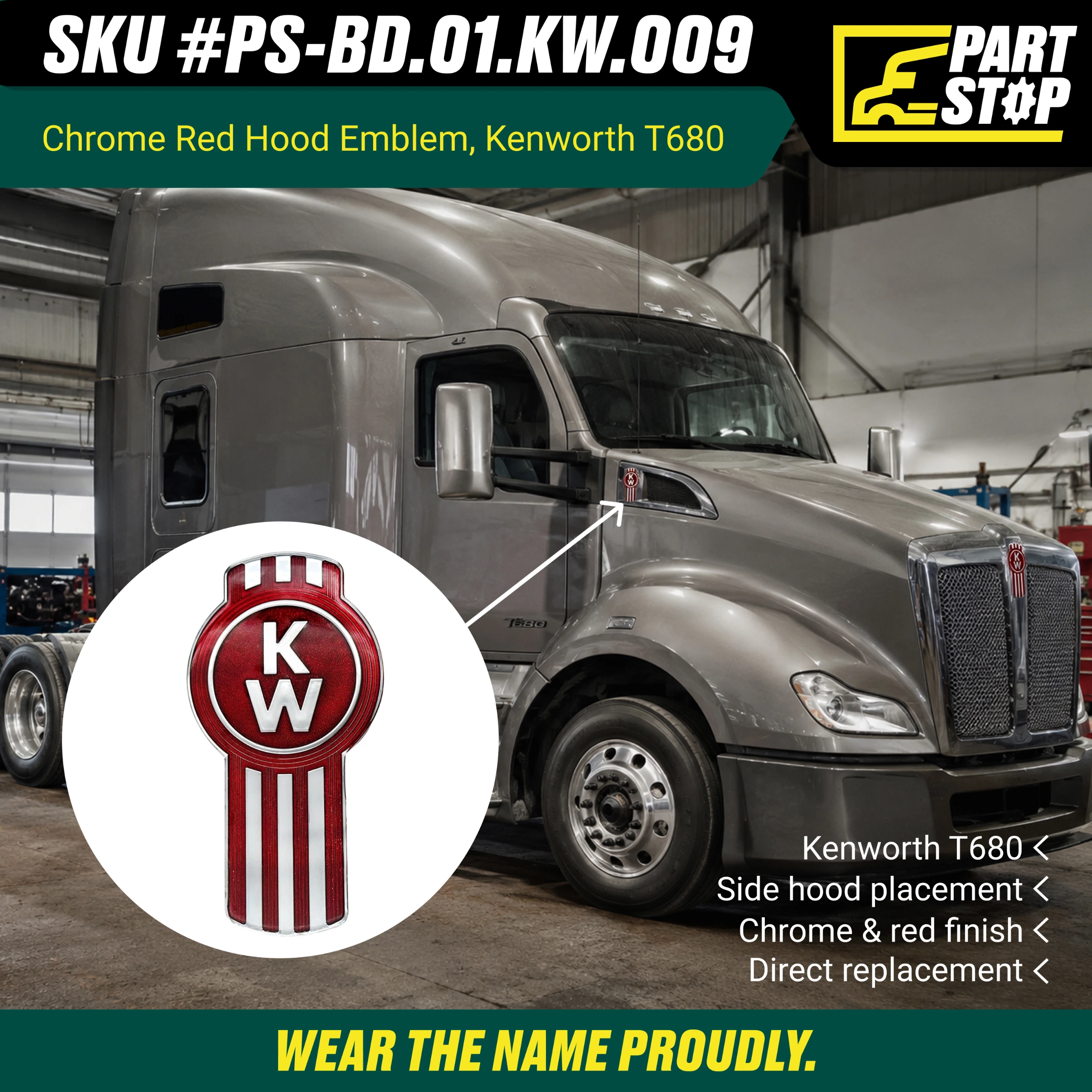 Kenworth T680 Hood Emblem Chrome Red Logo Badge K137-541 , KWN-017-3 — infographic