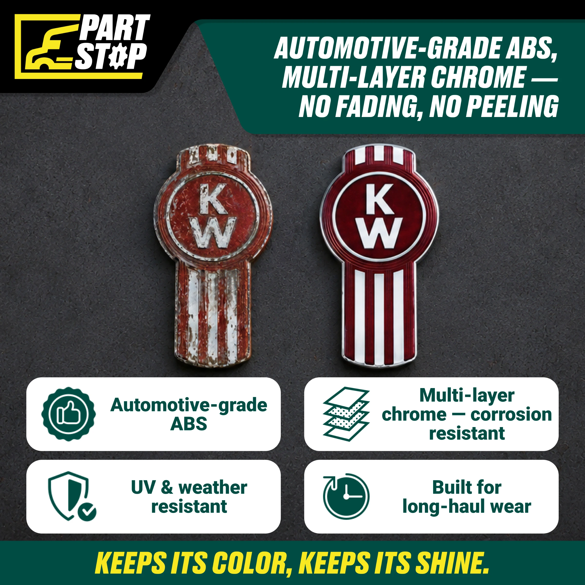 Kenworth T680 Hood Emblem Chrome Red Logo Badge K137-541 , KWN-017-3 — infographic