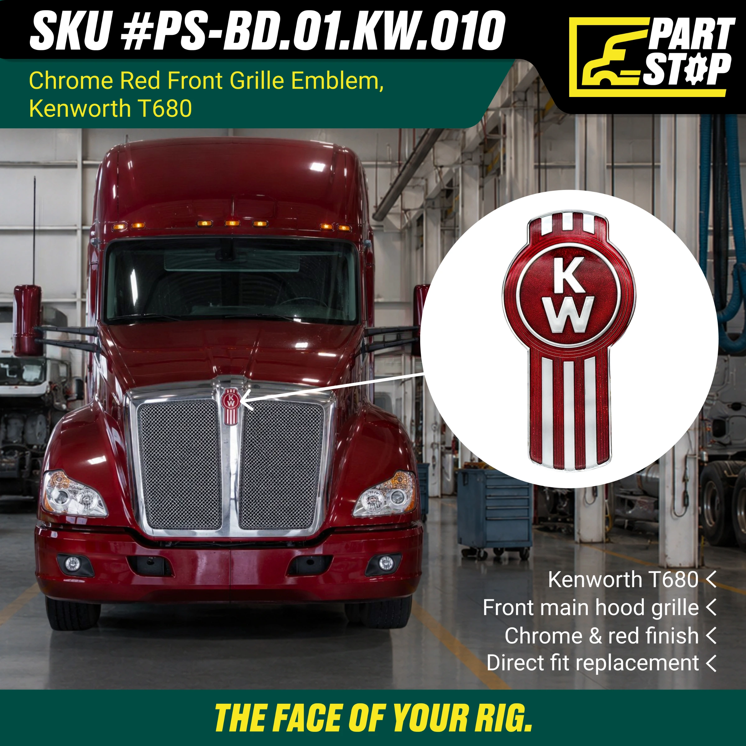 KWN-018 Kenworth T680 Grill Emblem Chrome Red Logo Badge K137-541 — infographic