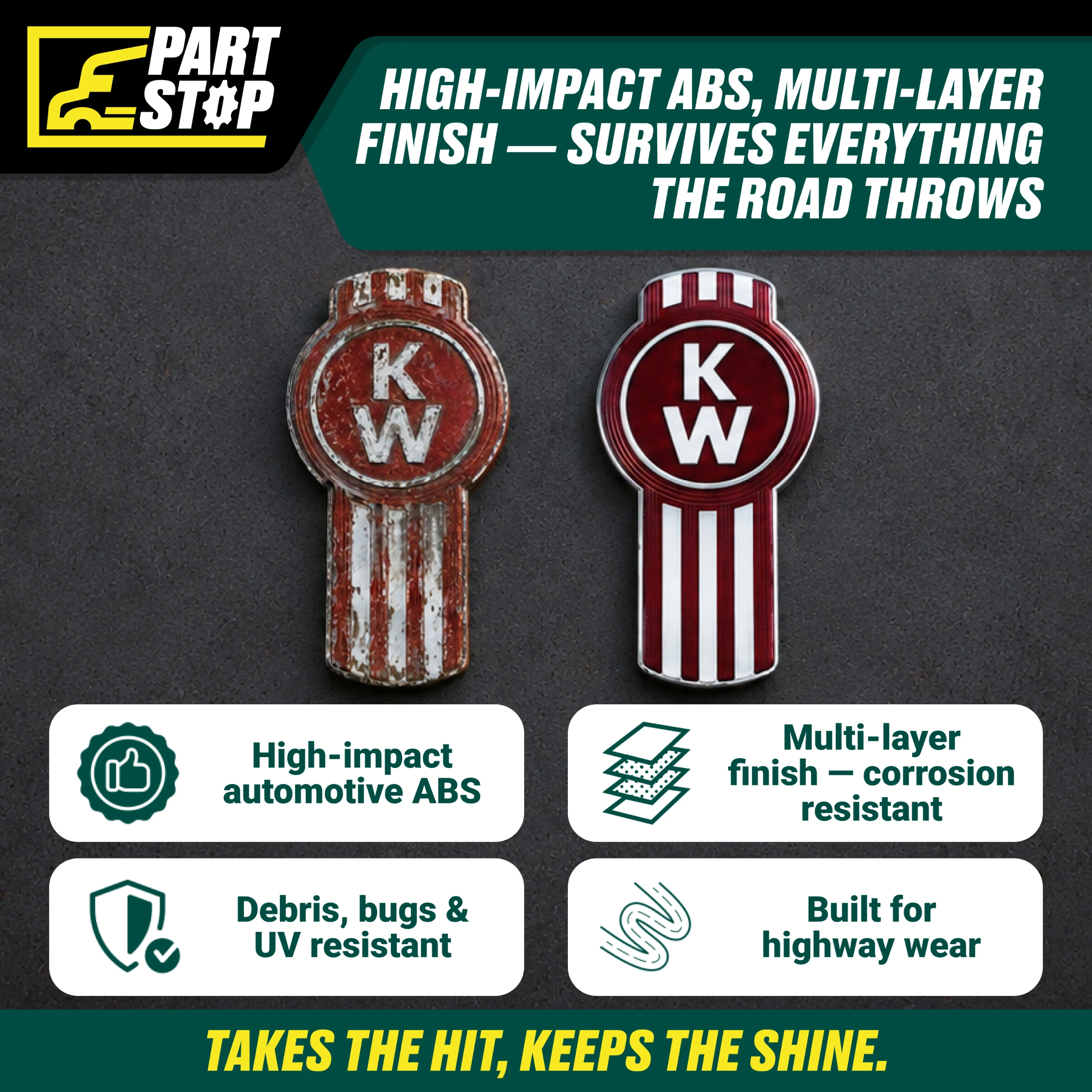 KWN-018 Kenworth T680 Grill Emblem Chrome Red Logo Badge K137-541 — infographic
