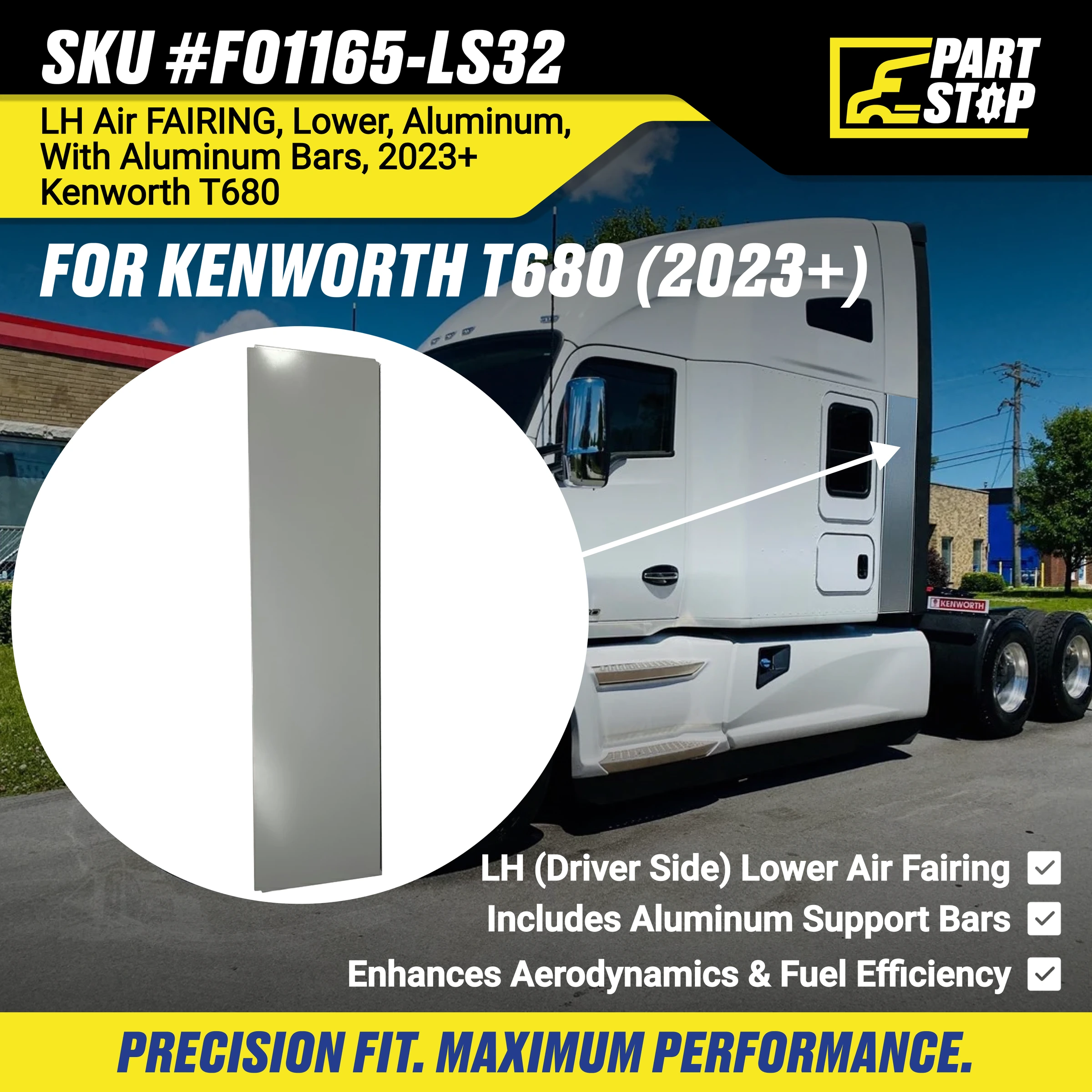 LH Lower Sleeper Extender – Aluminum for Kenworth T680 2023-2026 T33-1074-220 — infographic