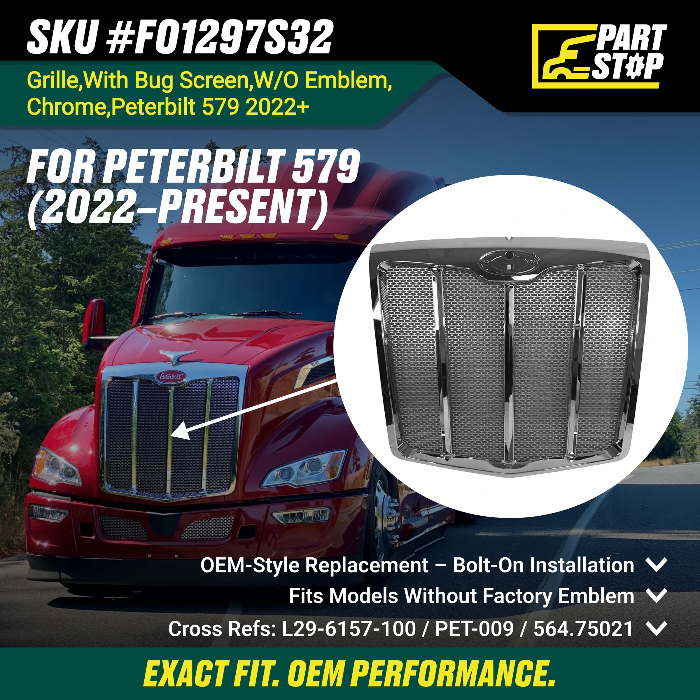 Fits Peterbilt 579 Chrome Front Grille Bug Screen 2012-2024 L296157100 — infographic