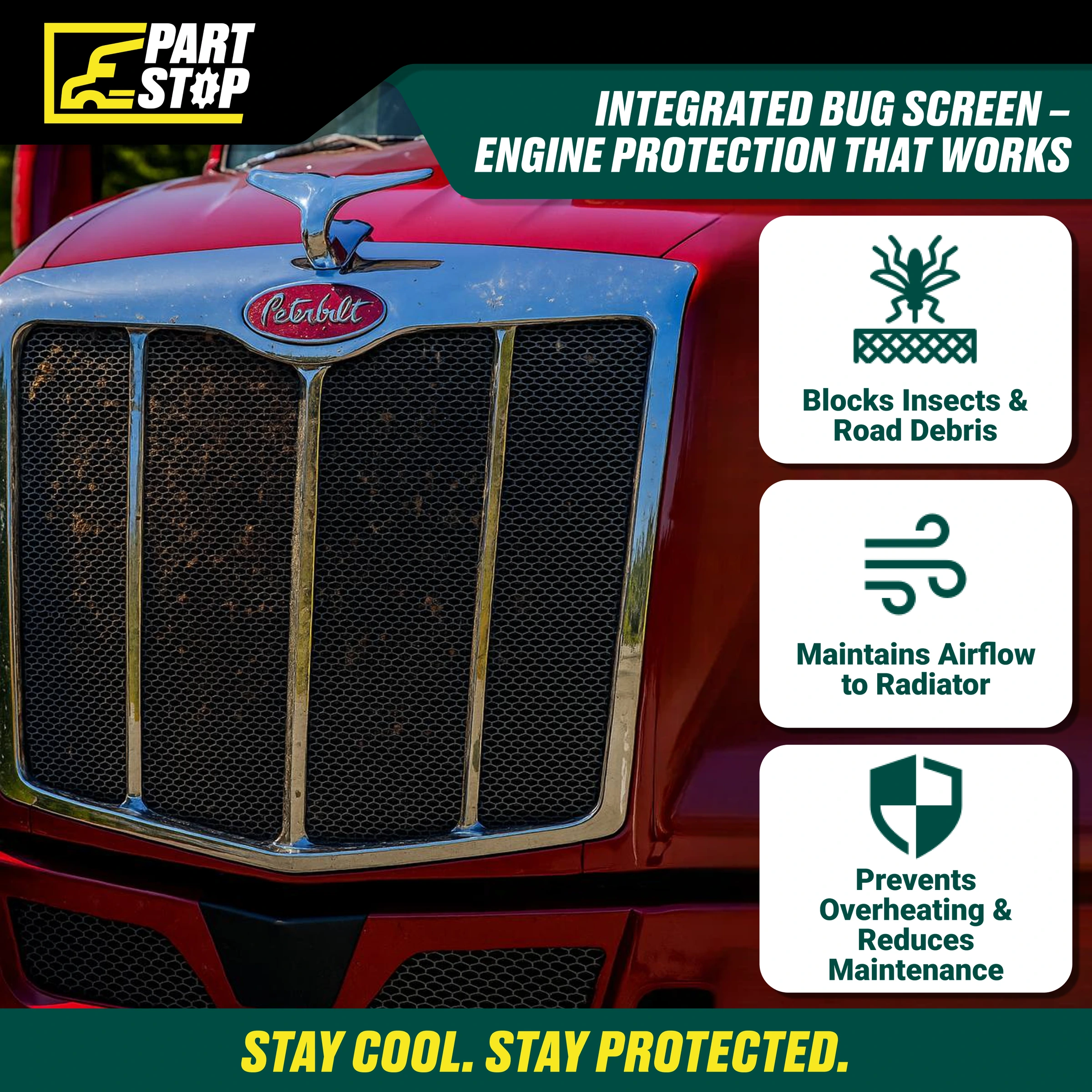 Fits Peterbilt 579 Chrome Front Grille Bug Screen 2012-2024 L296157100 — infographic