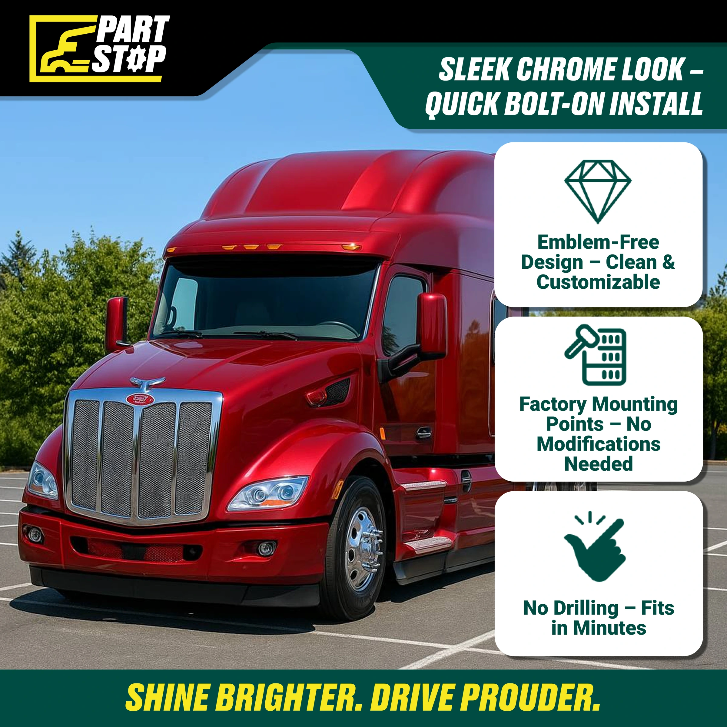 Fits Peterbilt 579 Chrome Front Grille Bug Screen 2012-2024 L296157100 — infographic 4