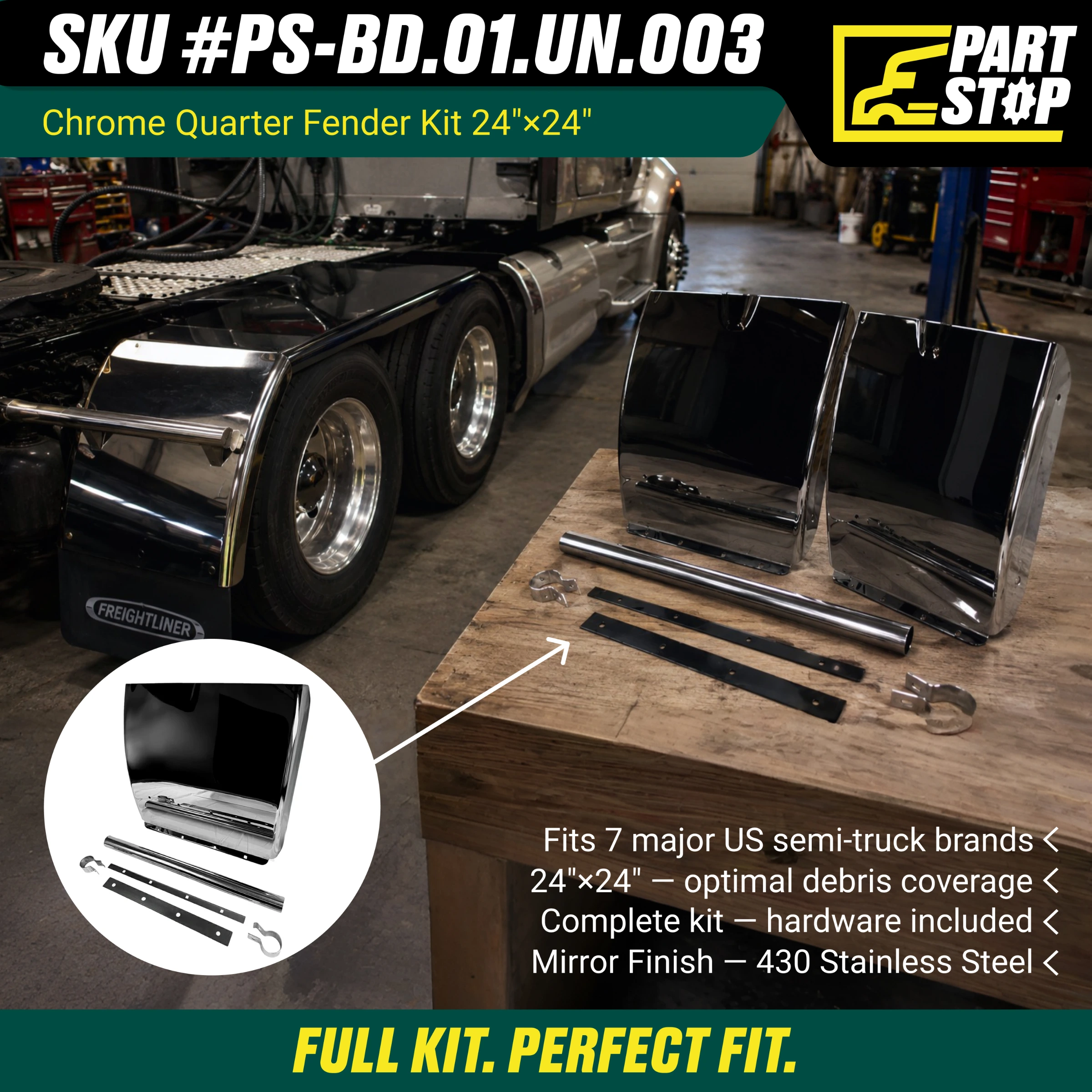 24"x 24" Stainless Steel Quarter Fender Set for Semi Truck  Universal — infographic