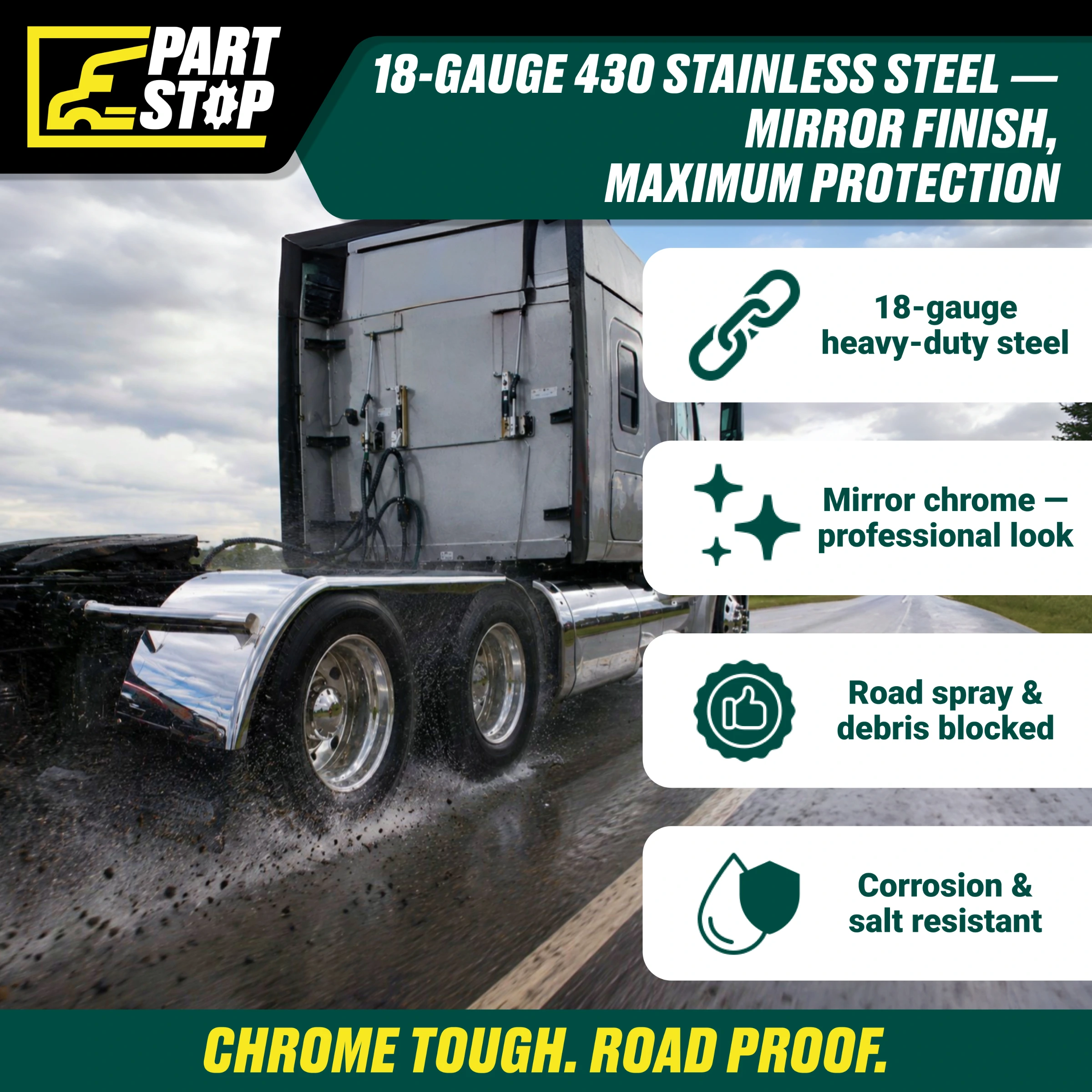 24"x 24" Stainless Steel Quarter Fender Set for Semi Truck  Universal — infographic
