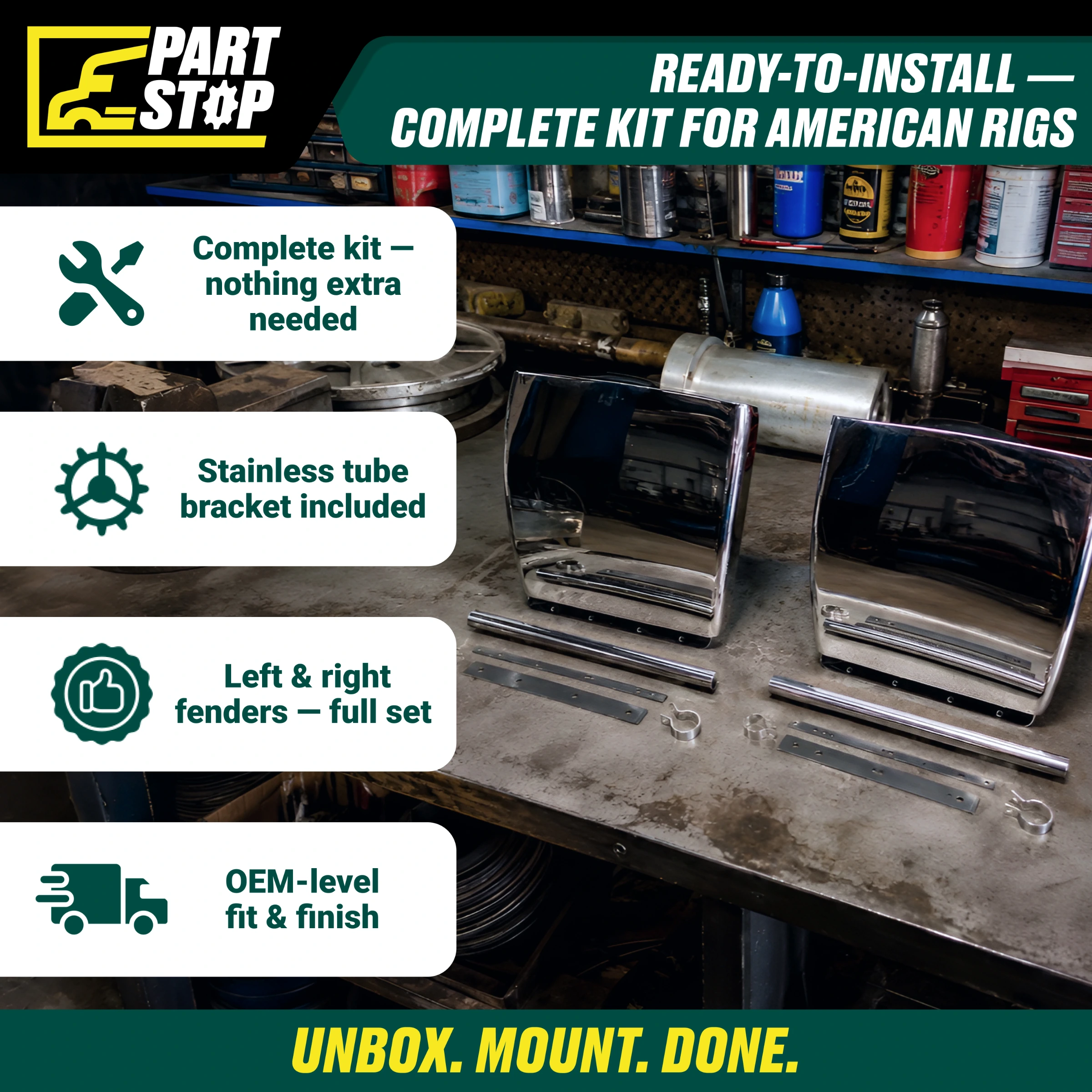 24"x 24" Stainless Steel Quarter Fender Set for Semi Truck  Universal — infographic