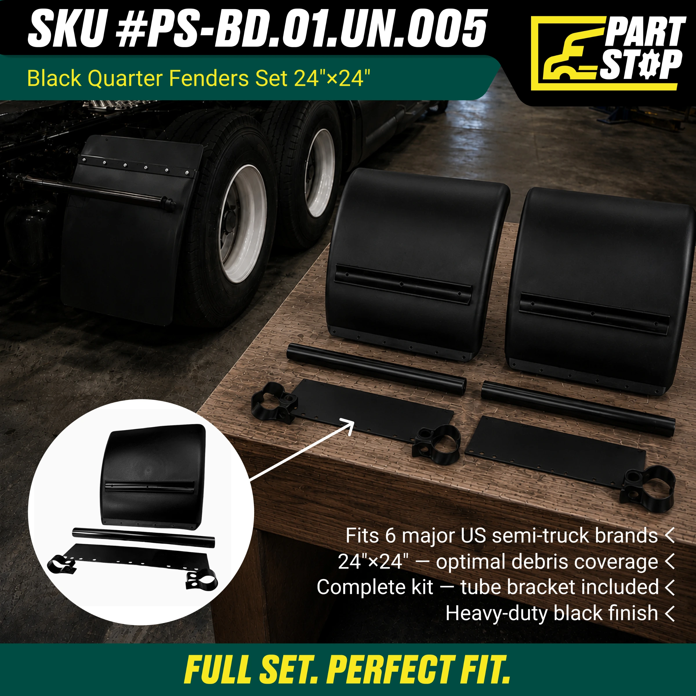 24" × 24" Plastic Quarter Fender Kit for Universal Trucks and Trailers — infographic
