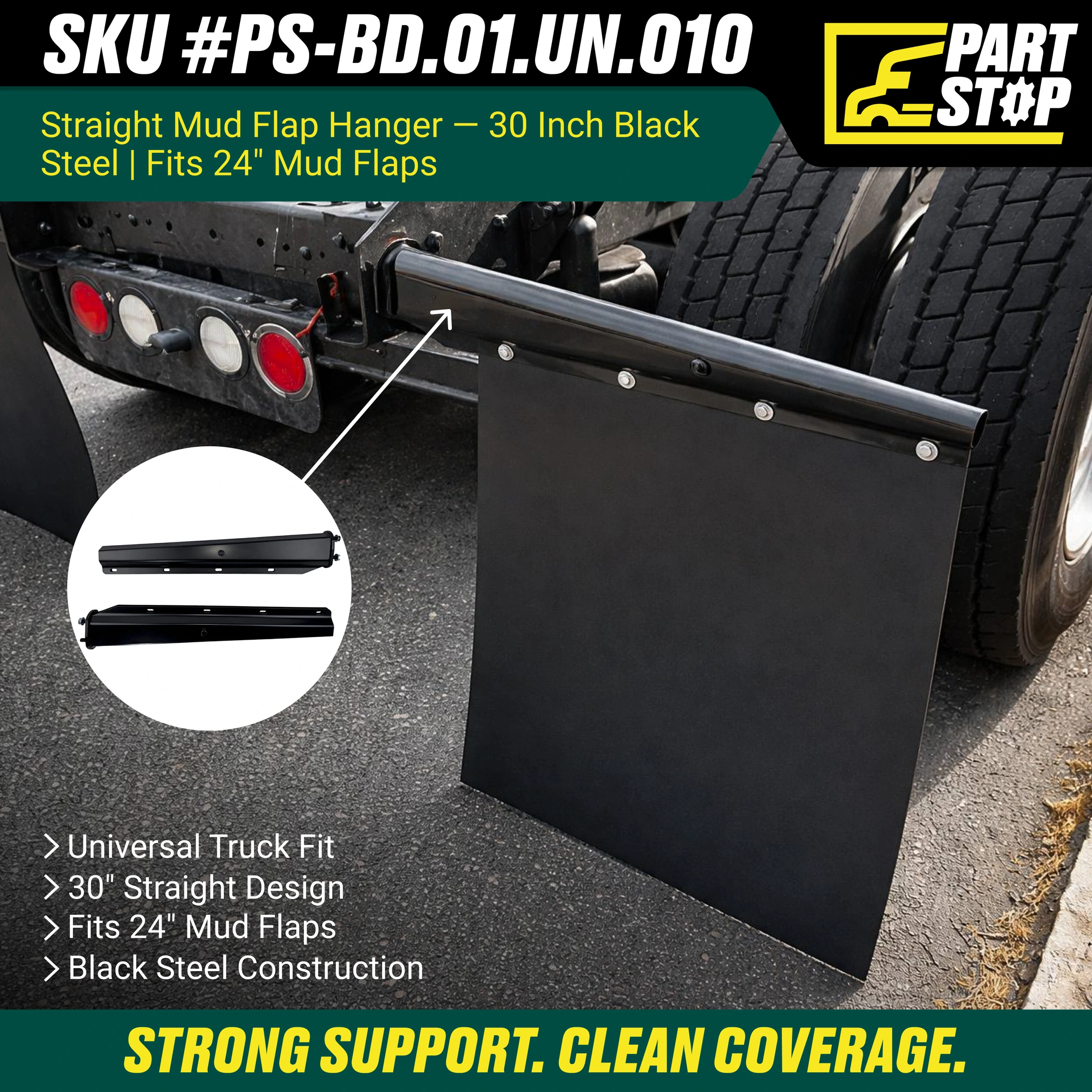 30" Straight Spring Loaded Mud Flap Hanger Pair Black Steel 2-1/2" Bolt Spacing — infographic