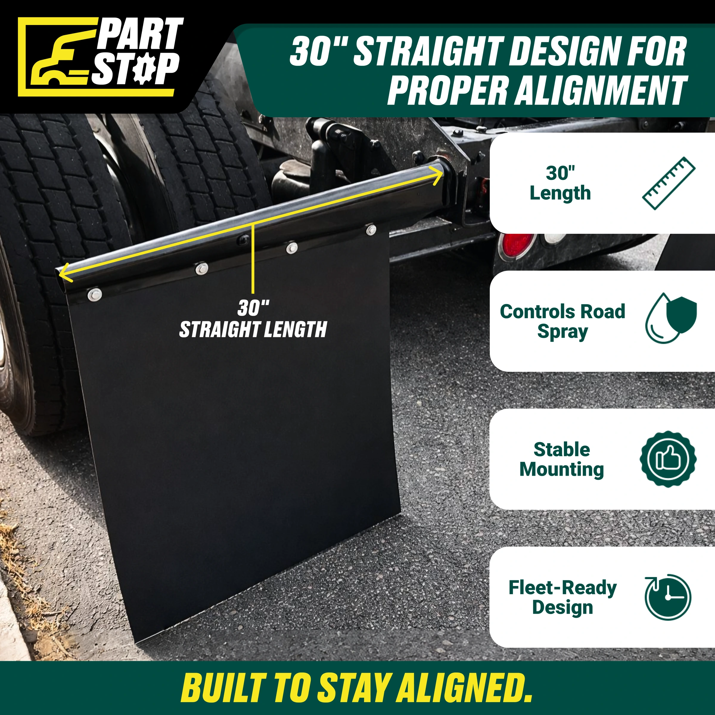 30" Straight Spring Loaded Mud Flap Hanger Pair Black Steel 2-1/2" Bolt Spacing — infographic