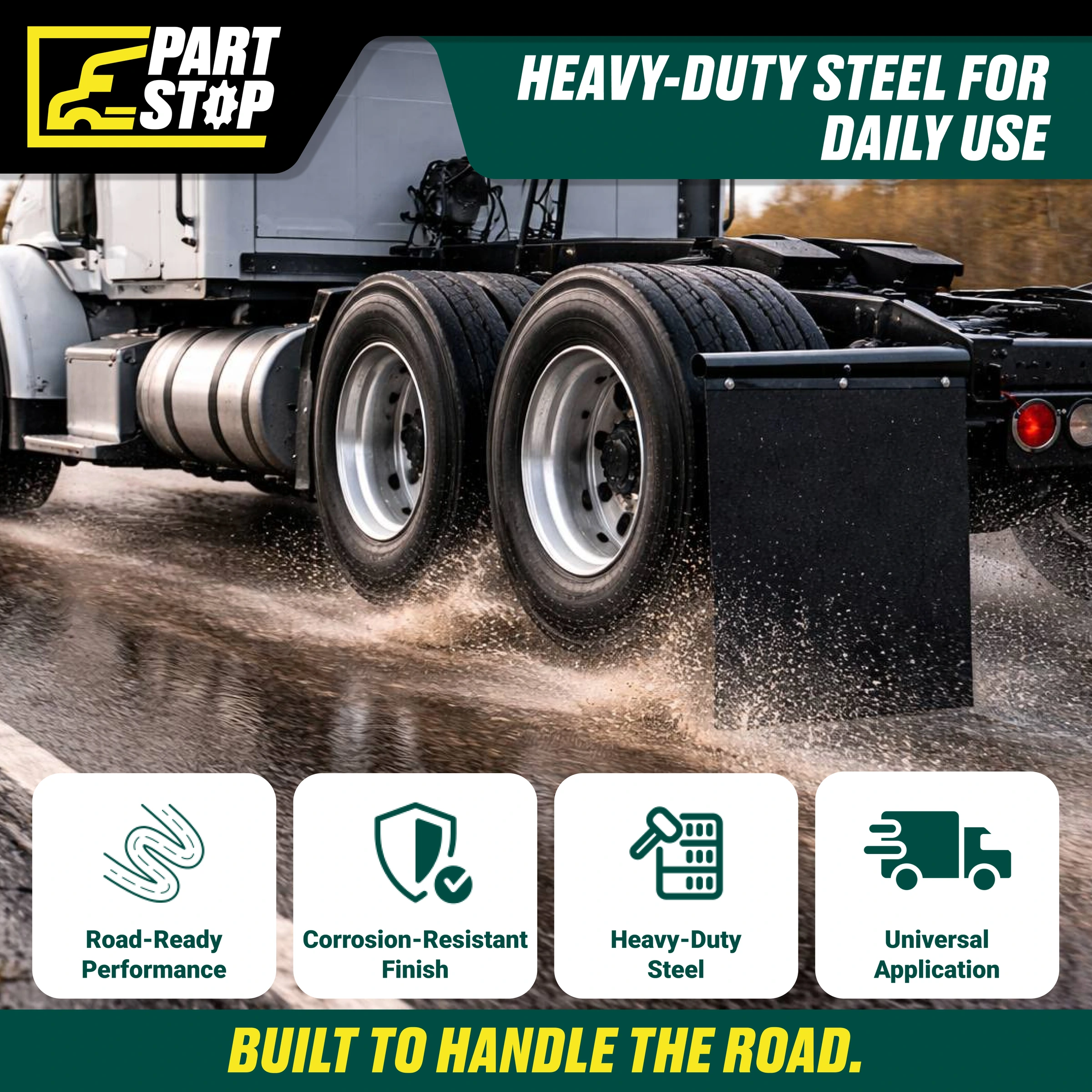 30" Straight Spring Loaded Mud Flap Hanger Pair Black Steel 2-1/2" Bolt Spacing — infographic