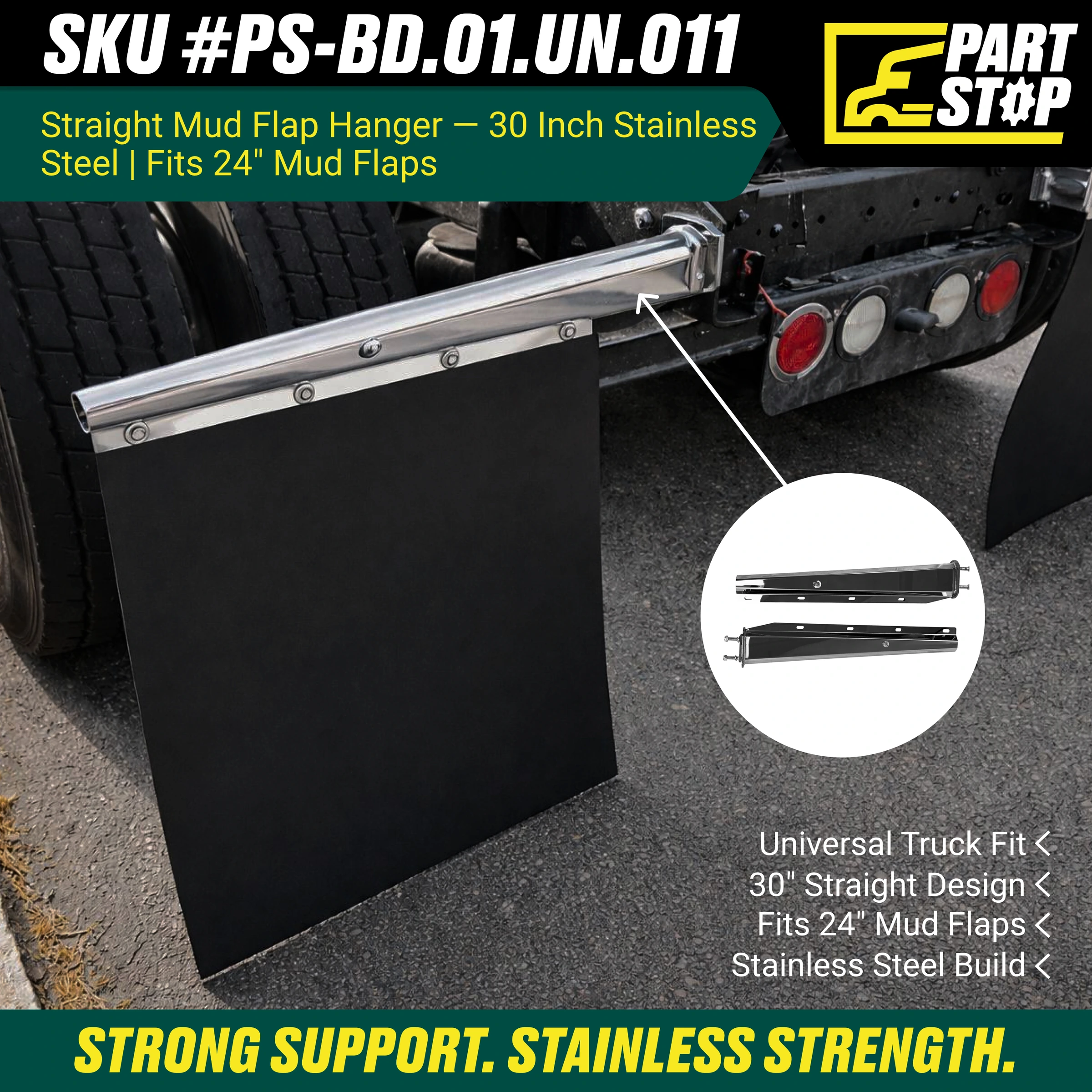 30" Straight Stainless Spring Loaded Mud Flap Hanger Pair 2-1/2" Bolt Spacing — infographic