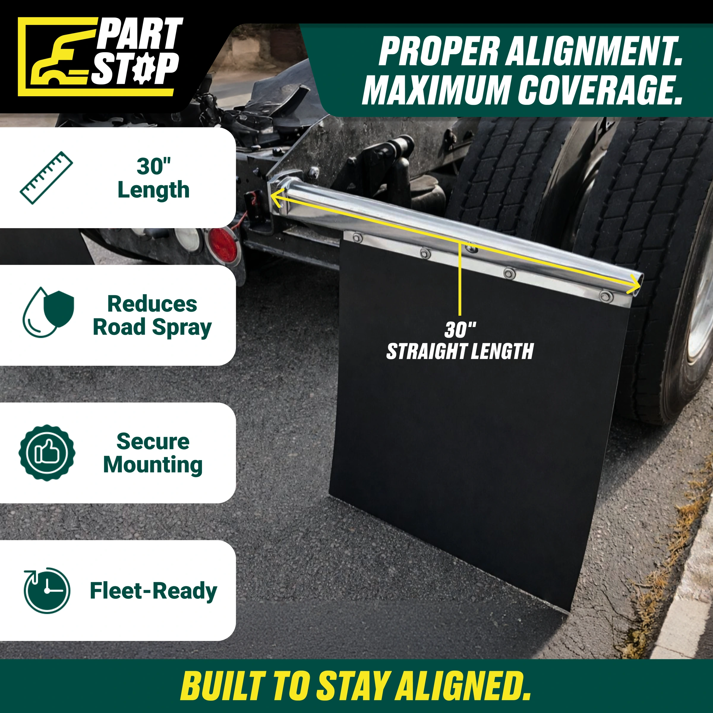 30" Straight Stainless Spring Loaded Mud Flap Hanger Pair 2-1/2" Bolt Spacing — infographic