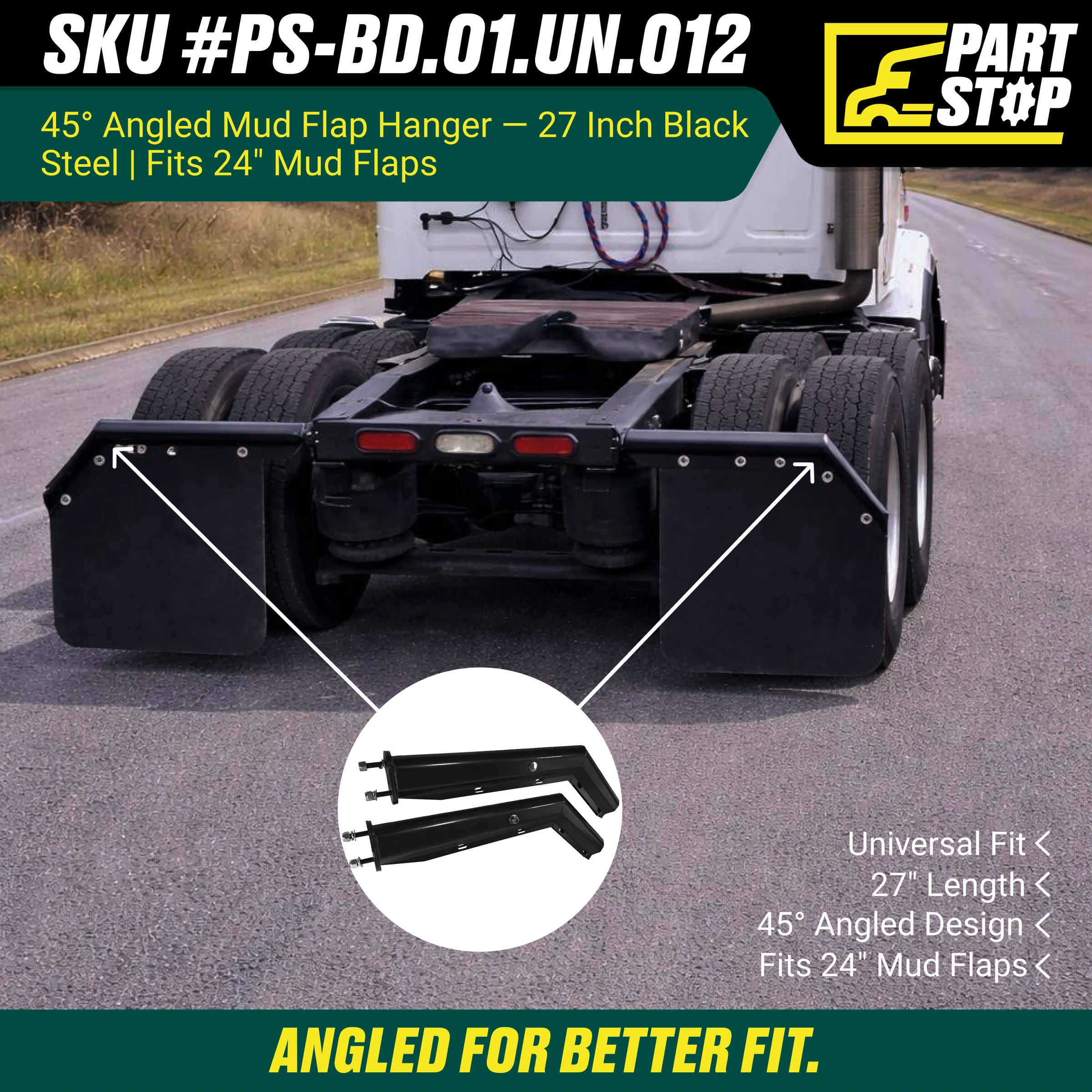 27" 45 Degree Angled Mud Flap Hanger Pair Black Steel 2-1/2" Bolt Spacing — infographic