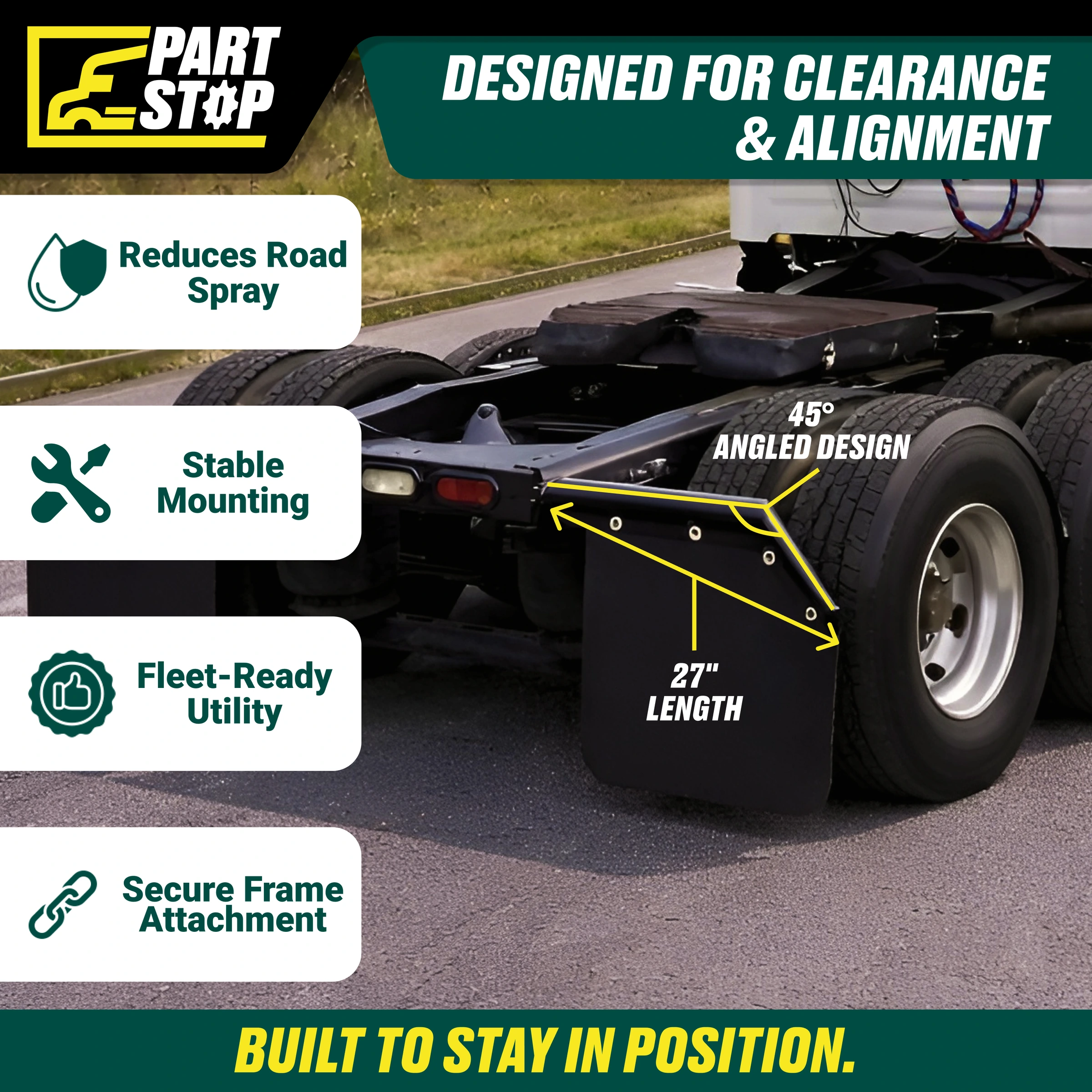27" 45 Degree Angled Mud Flap Hanger Pair Black Steel 2-1/2" Bolt Spacing — infographic