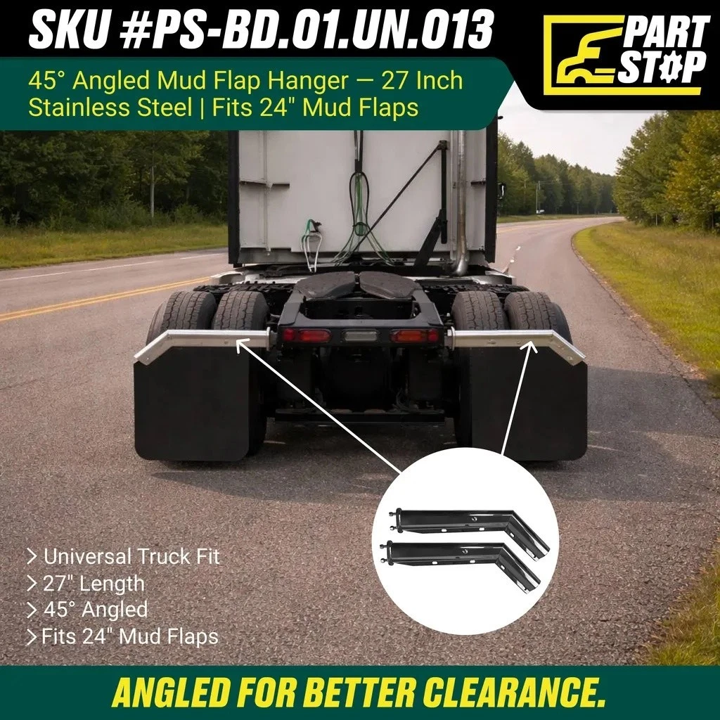 30" 45 Degree Angled Mud Flap Hanger Stainless Steel 2-1/2" Bolt Spacing Pair — infographic