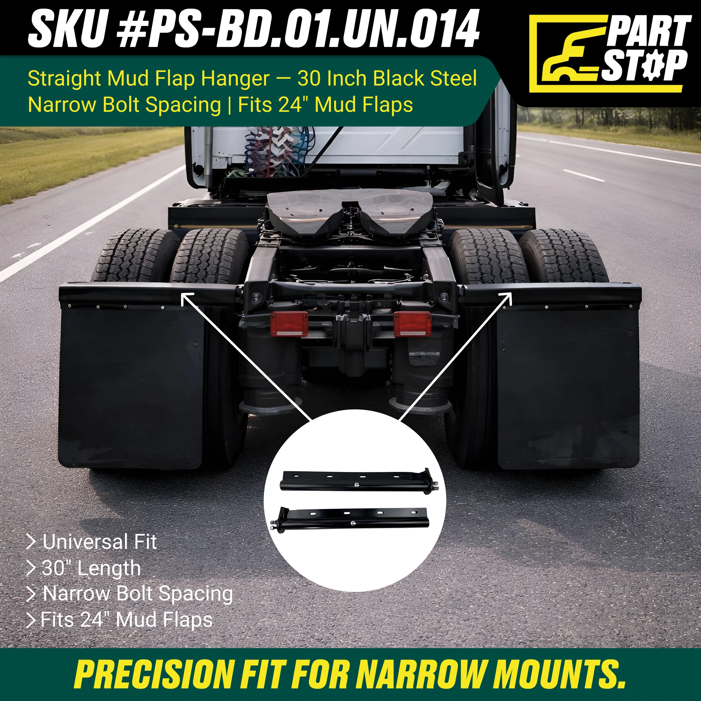 30" Straight Spring Loaded Mud Flap Hanger Pair Black Steel 1-1/8" Bolt Spacing — infographic