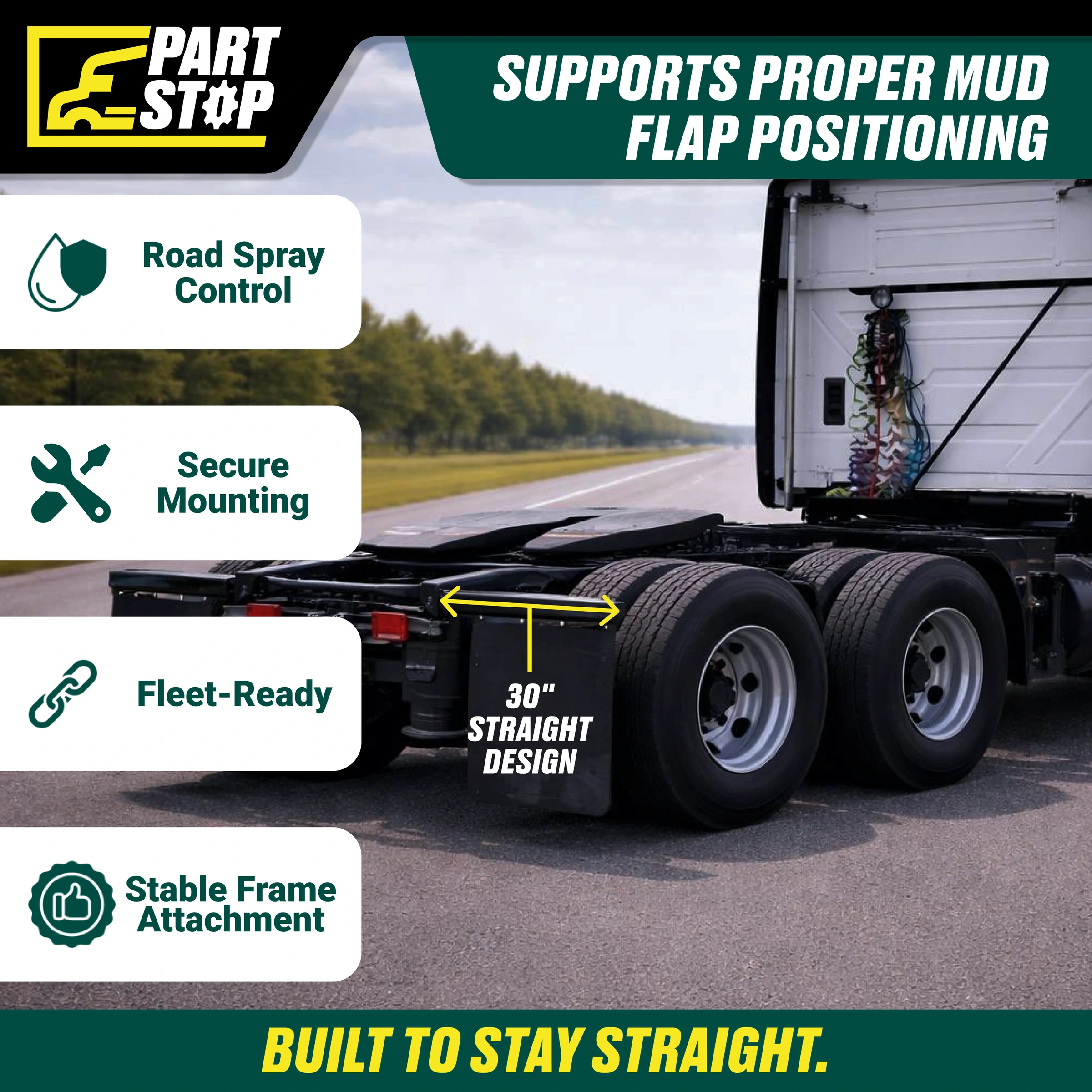 30" Straight Spring Loaded Mud Flap Hanger Pair Black Steel 1-1/8" Bolt Spacing — infographic