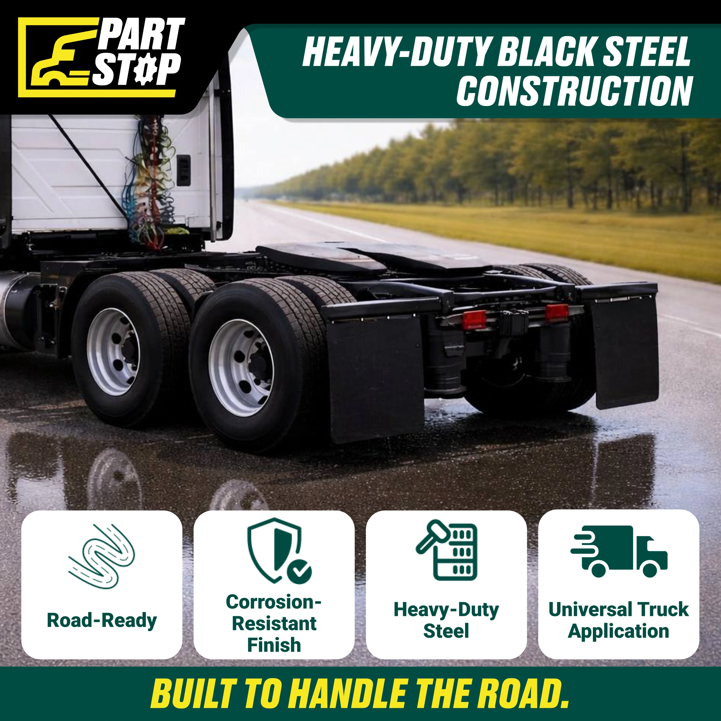 30" Straight Spring Loaded Mud Flap Hanger Pair Black Steel 1-1/8" Bolt Spacing — infographic