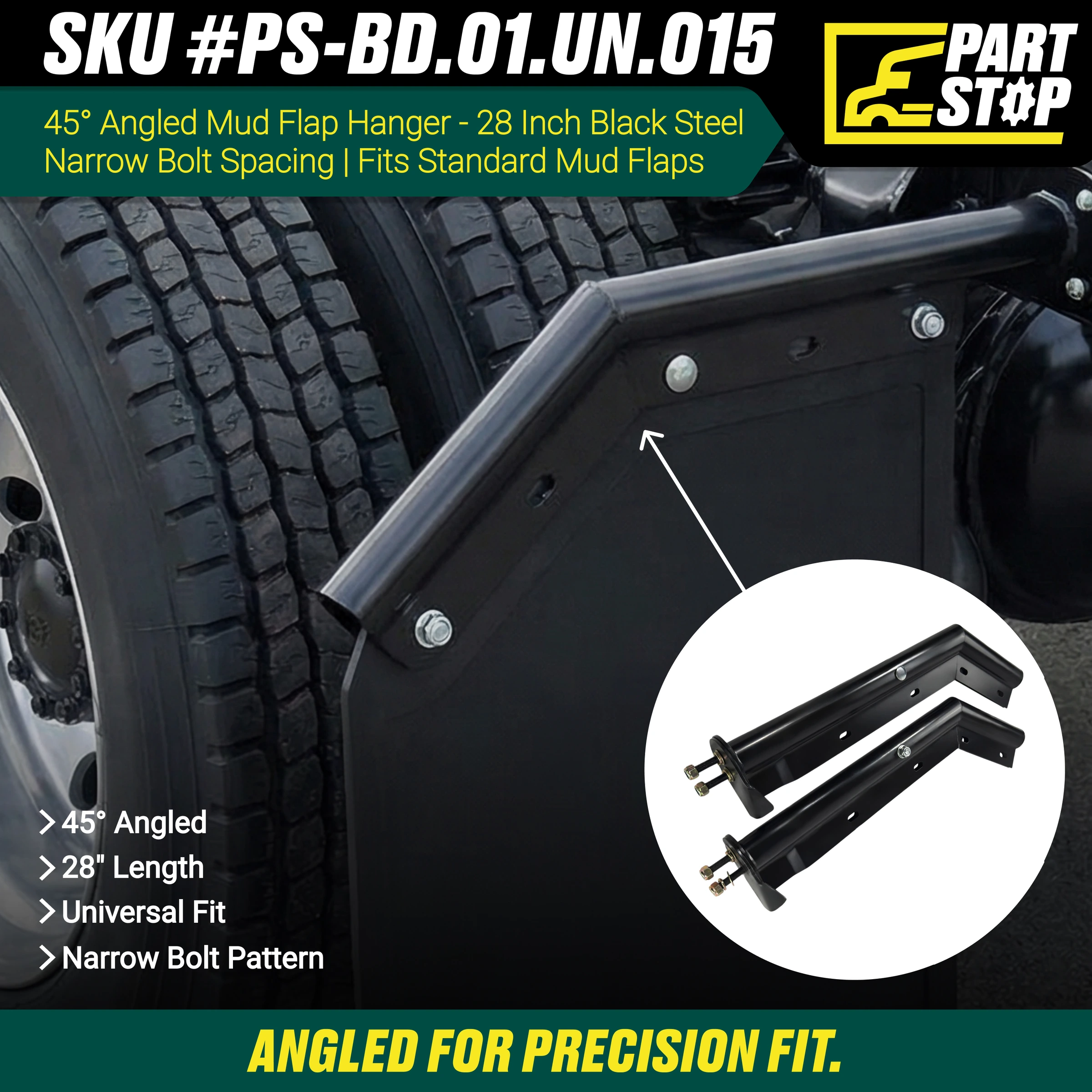 28" 45 Degree Angled Mud Flap Hanger Pair Black Steel 1-1/8" Bolt Spacing — infographic