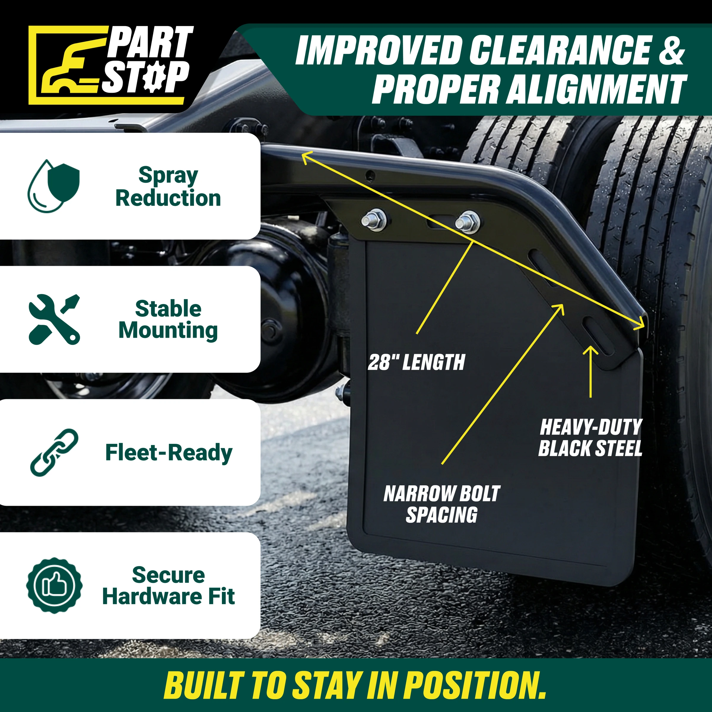 28" 45 Degree Angled Mud Flap Hanger Pair Black Steel 1-1/8" Bolt Spacing — infographic