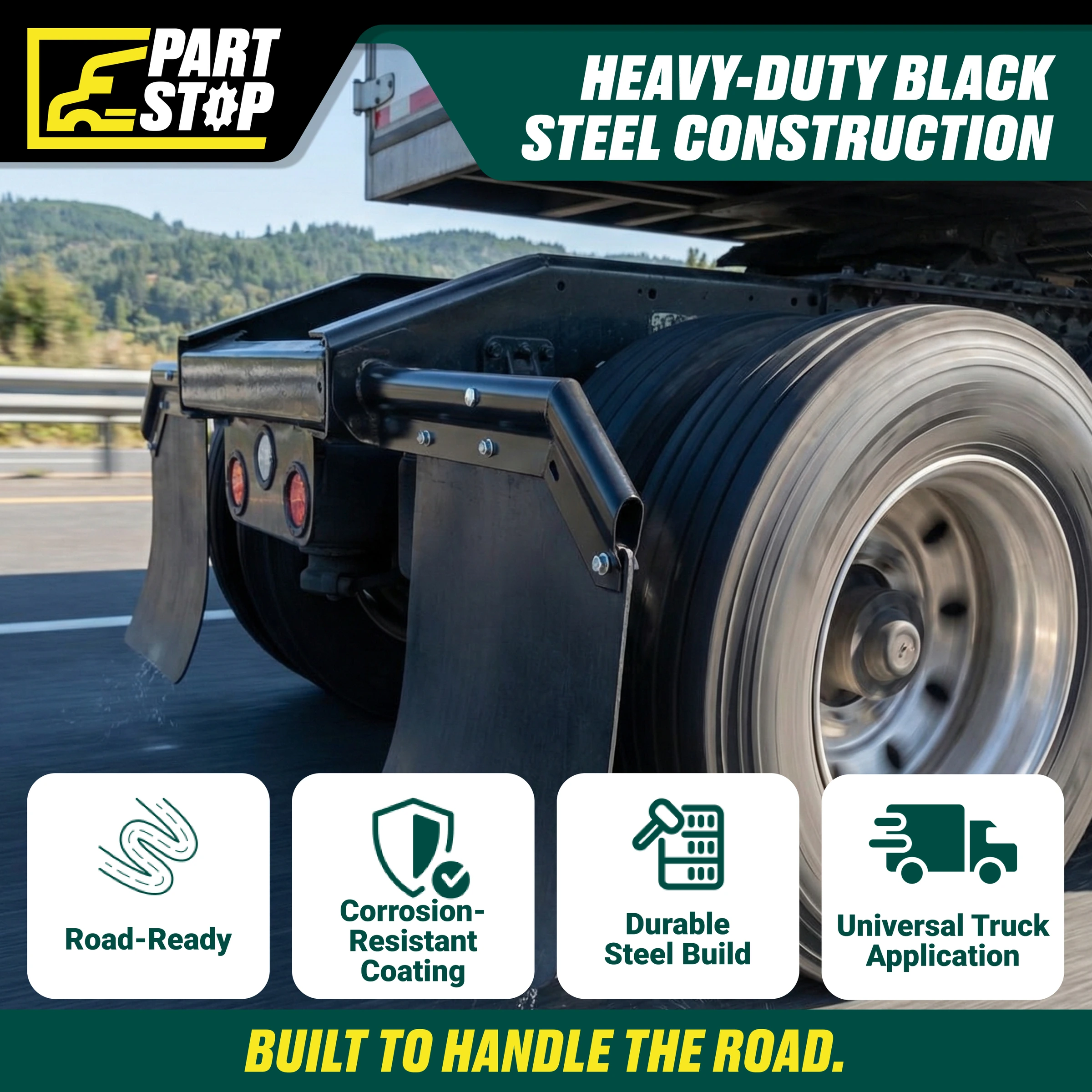 28" 45 Degree Angled Mud Flap Hanger Pair Black Steel 1-1/8" Bolt Spacing — infographic