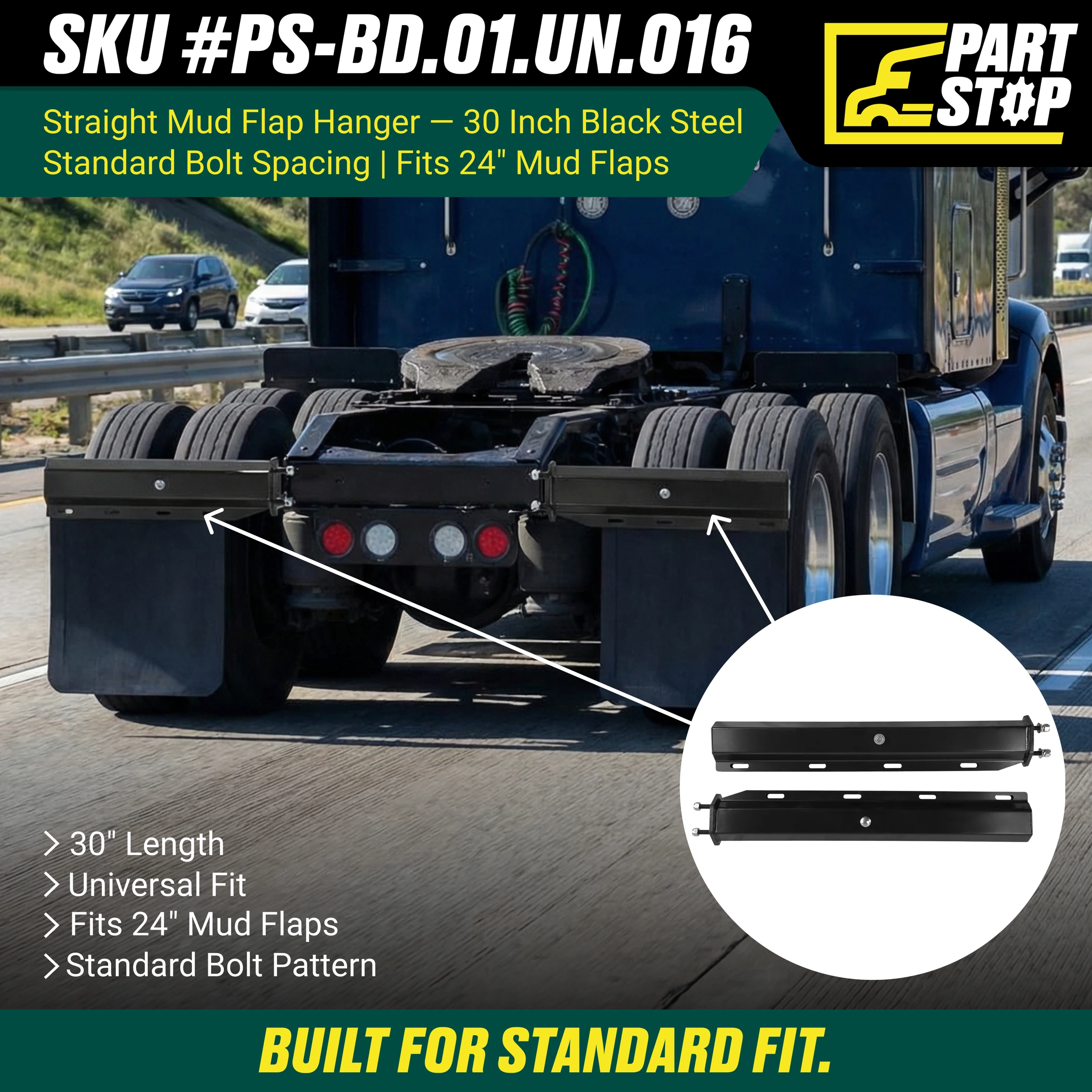 30" Straight Mud Flap Hanger Set Black Steel 2-1/2" Bolt Spacing — infographic