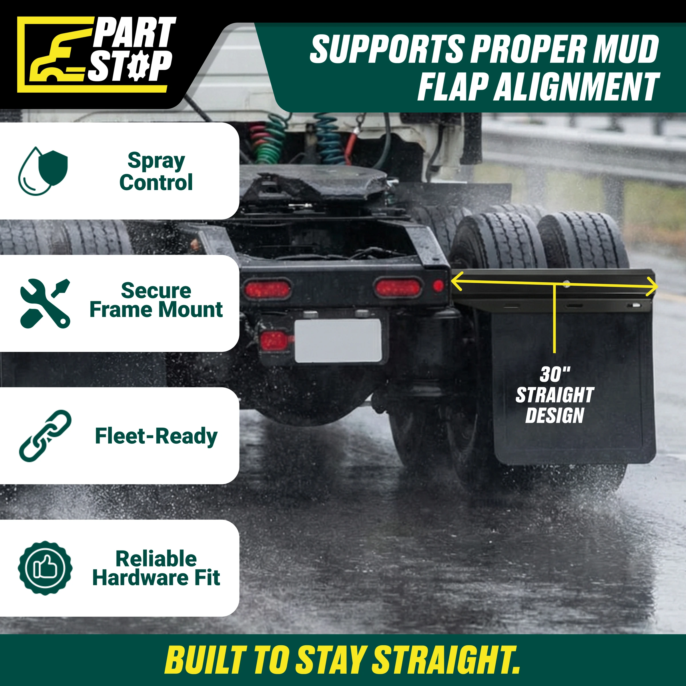 30" Straight Mud Flap Hanger Set Black Steel 2-1/2" Bolt Spacing — infographic