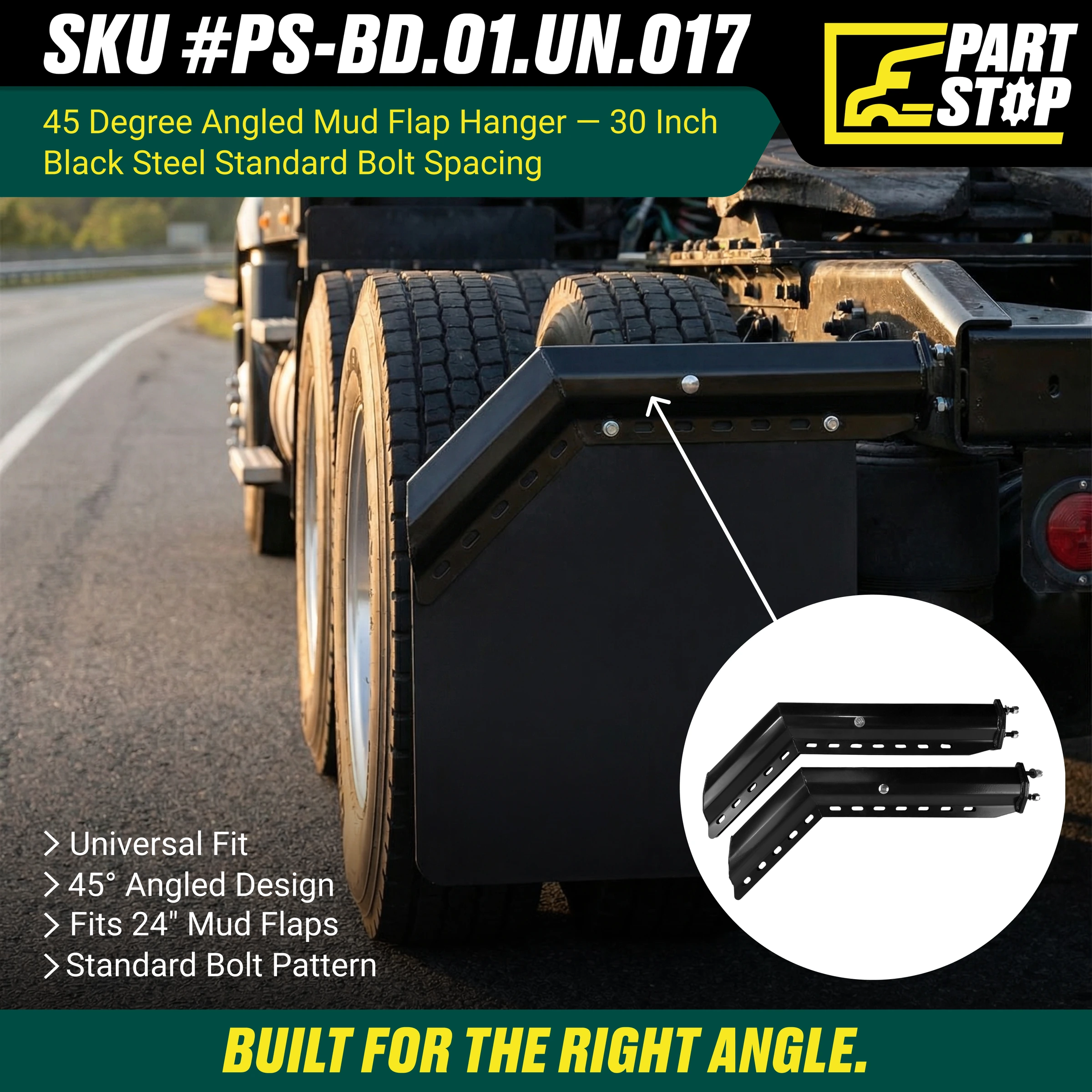 30" 45 Degree Angled Mud Flap Hanger Pair Black Steel 2-1/2" Bolt Spacing — infographic